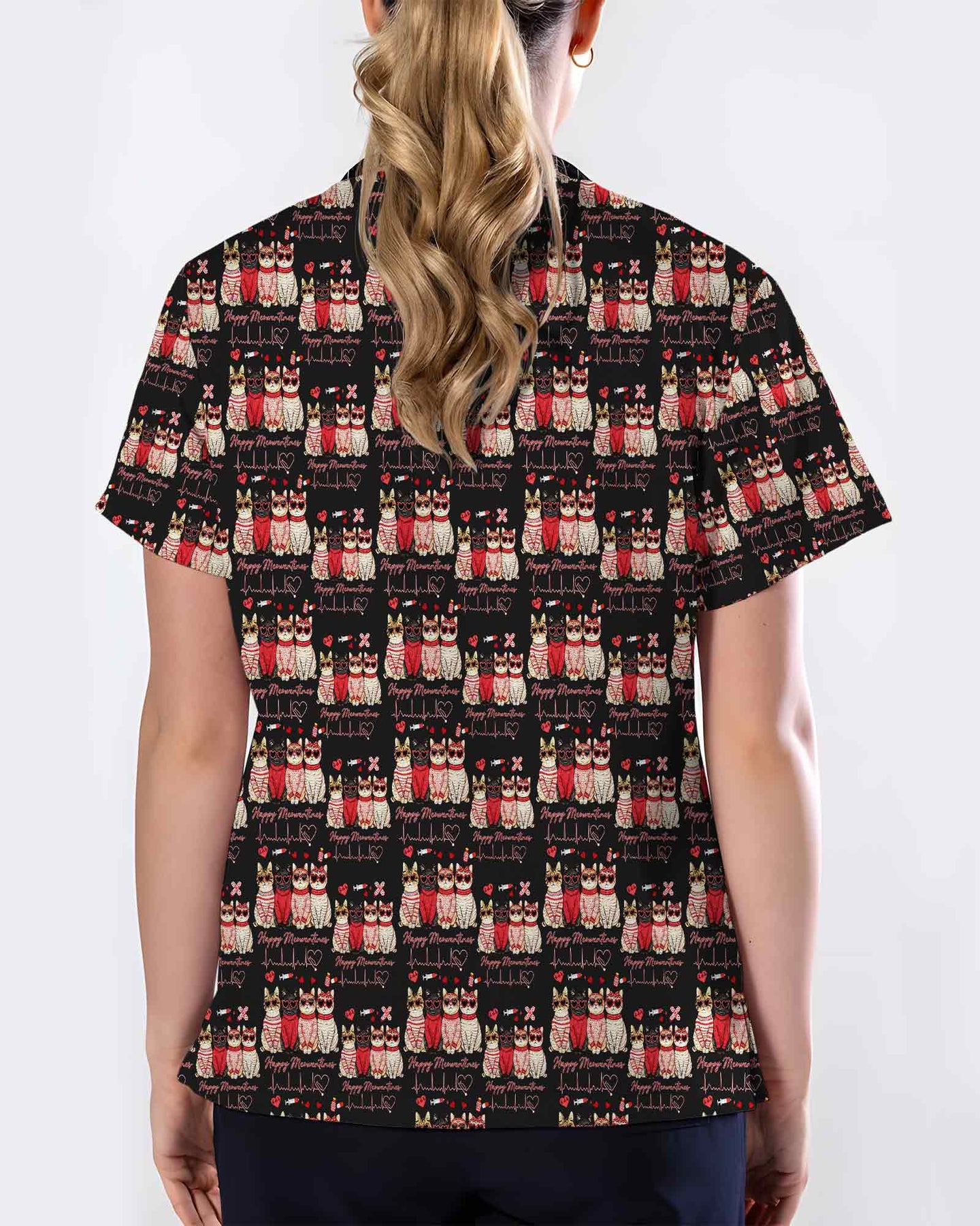 Cute Valentine Cat Heartbeat Scrub Top