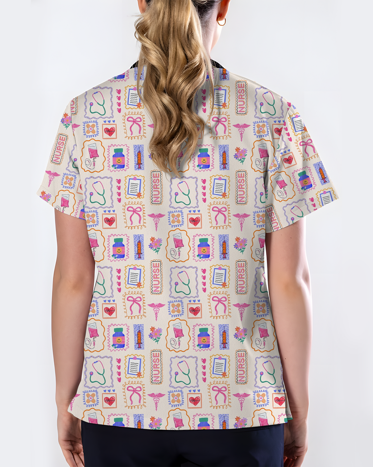 Hand-Drawn Colorful Nurse Life Doodle Scrub Top