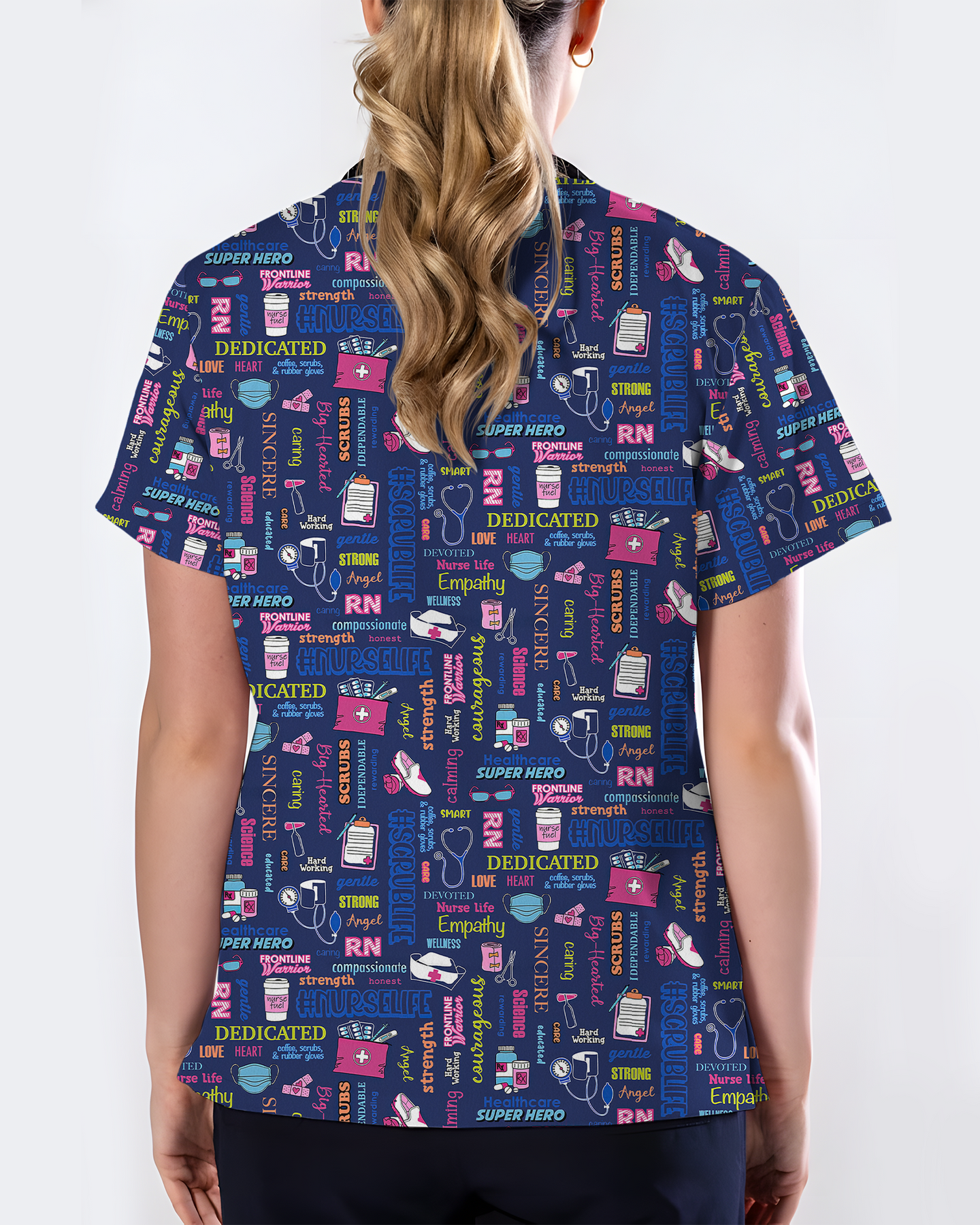 Navy Nurse Life Typography Doodle Cute Nurse Scrub Top