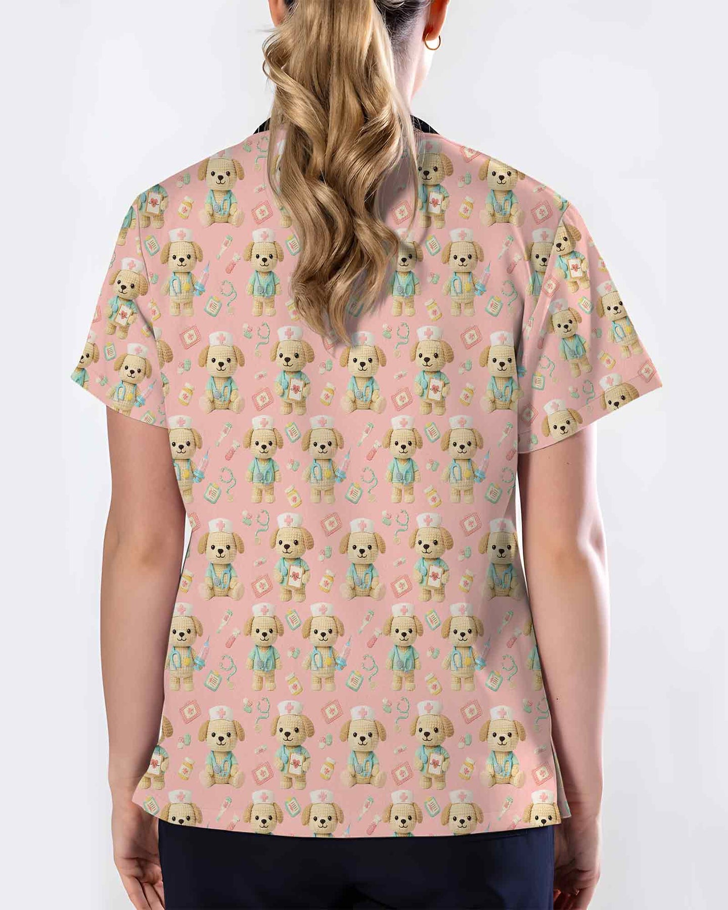 Cute Crochet Nurse Puppy Pink Scrub Top