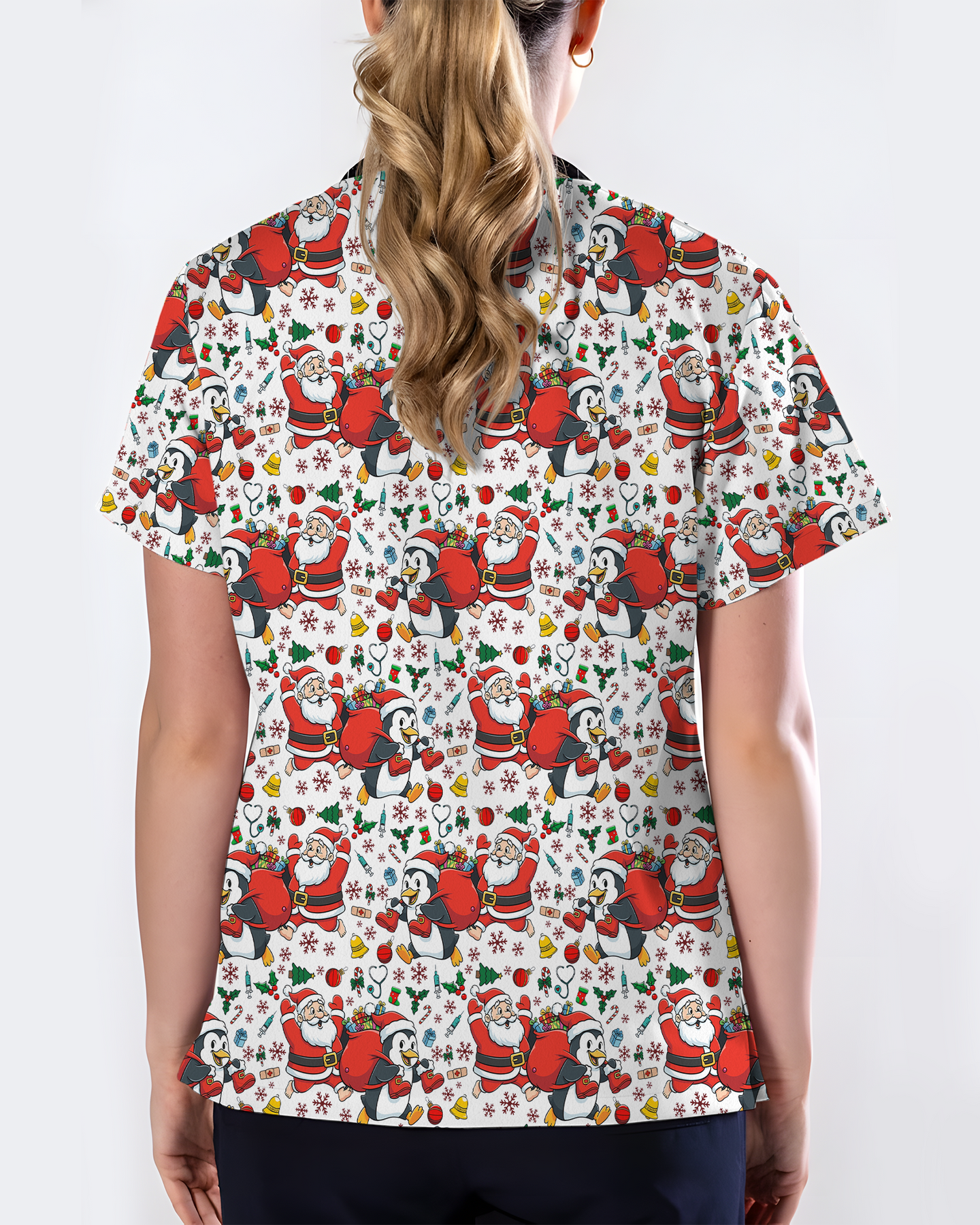 Santa Penguin Christmas Nursing Scrub Top