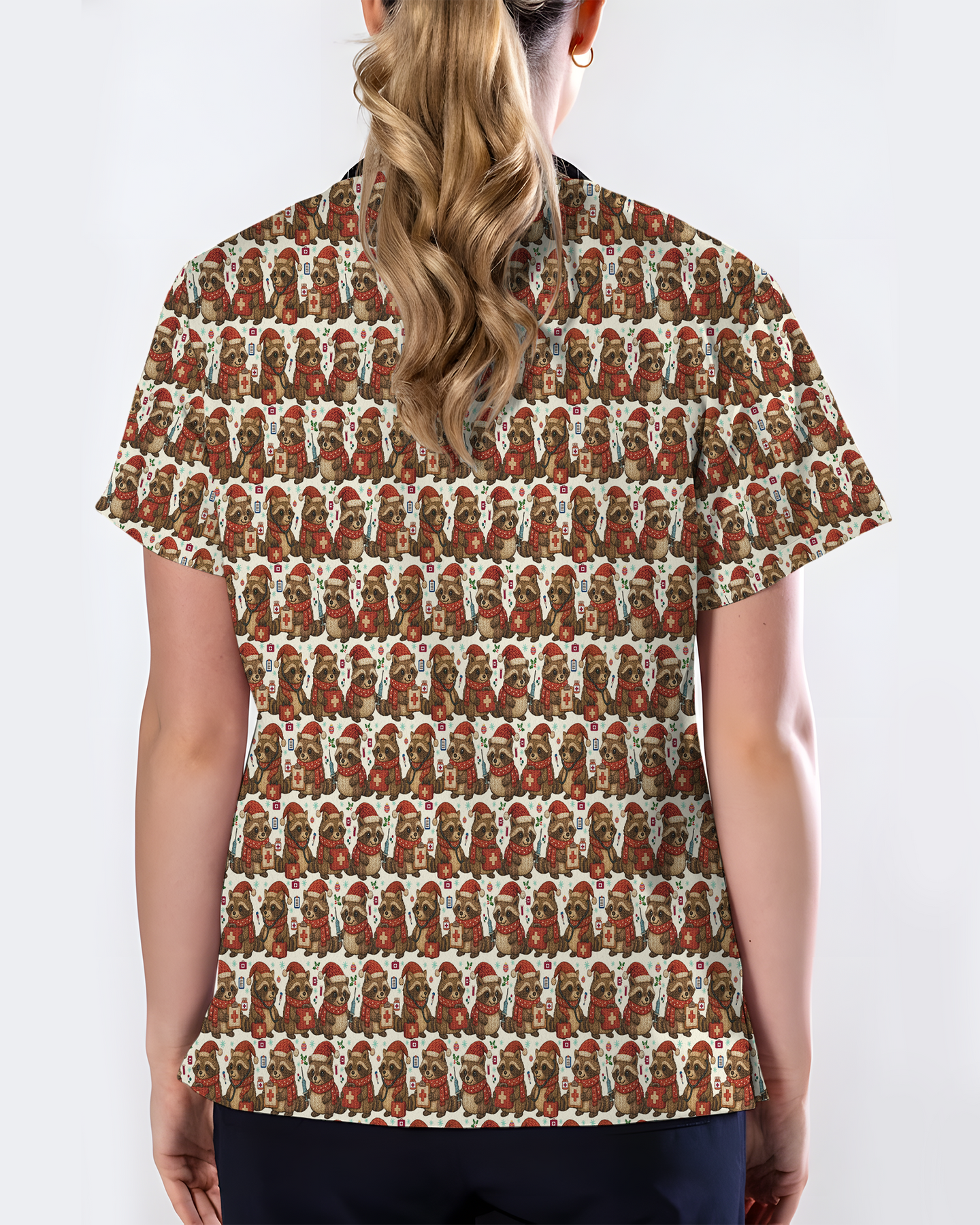 Cute Raccoon Christmas Medical Nurse Scrub Top