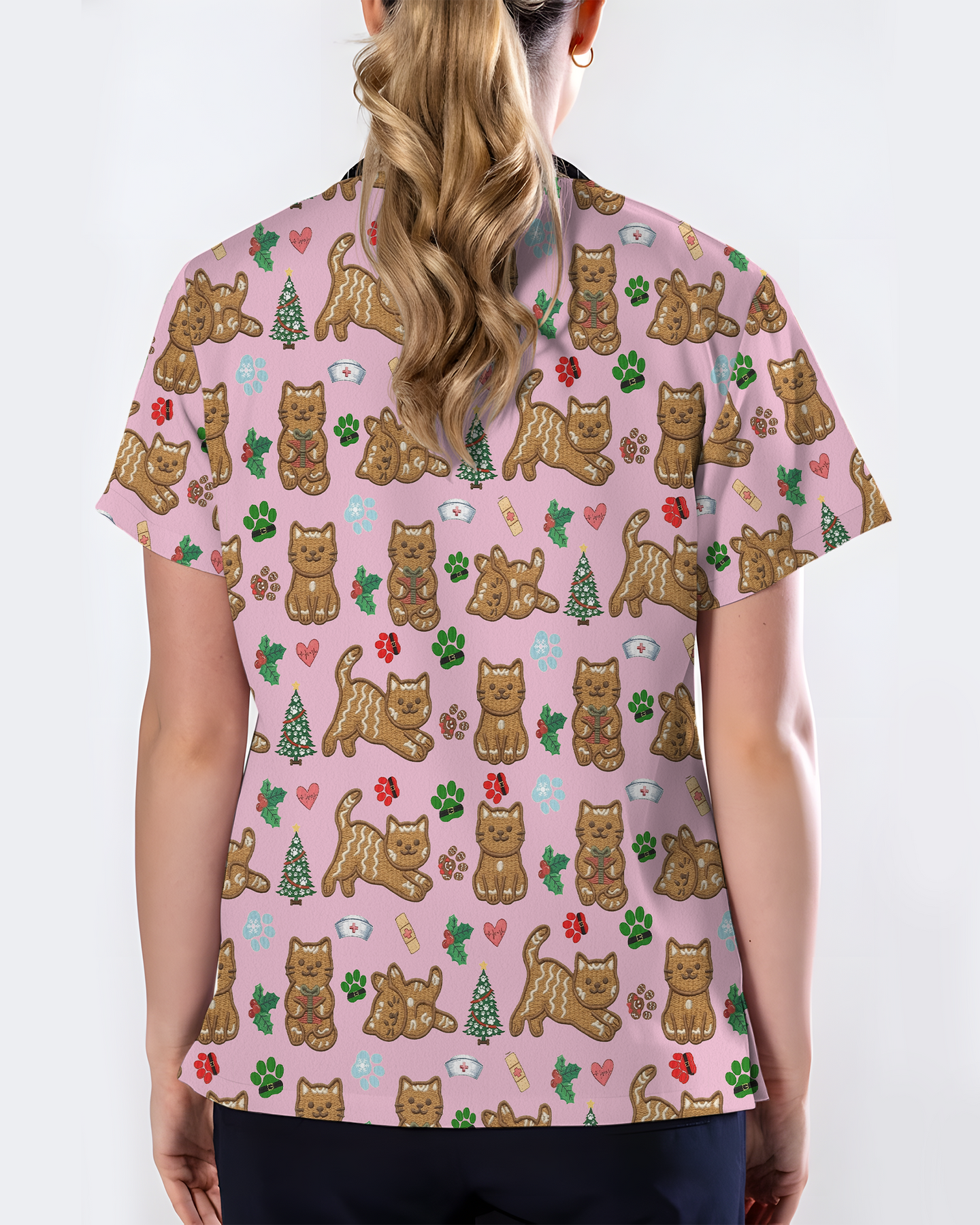 Cute Gingerbread Cat Christmas Medical Nurse Scrub Top