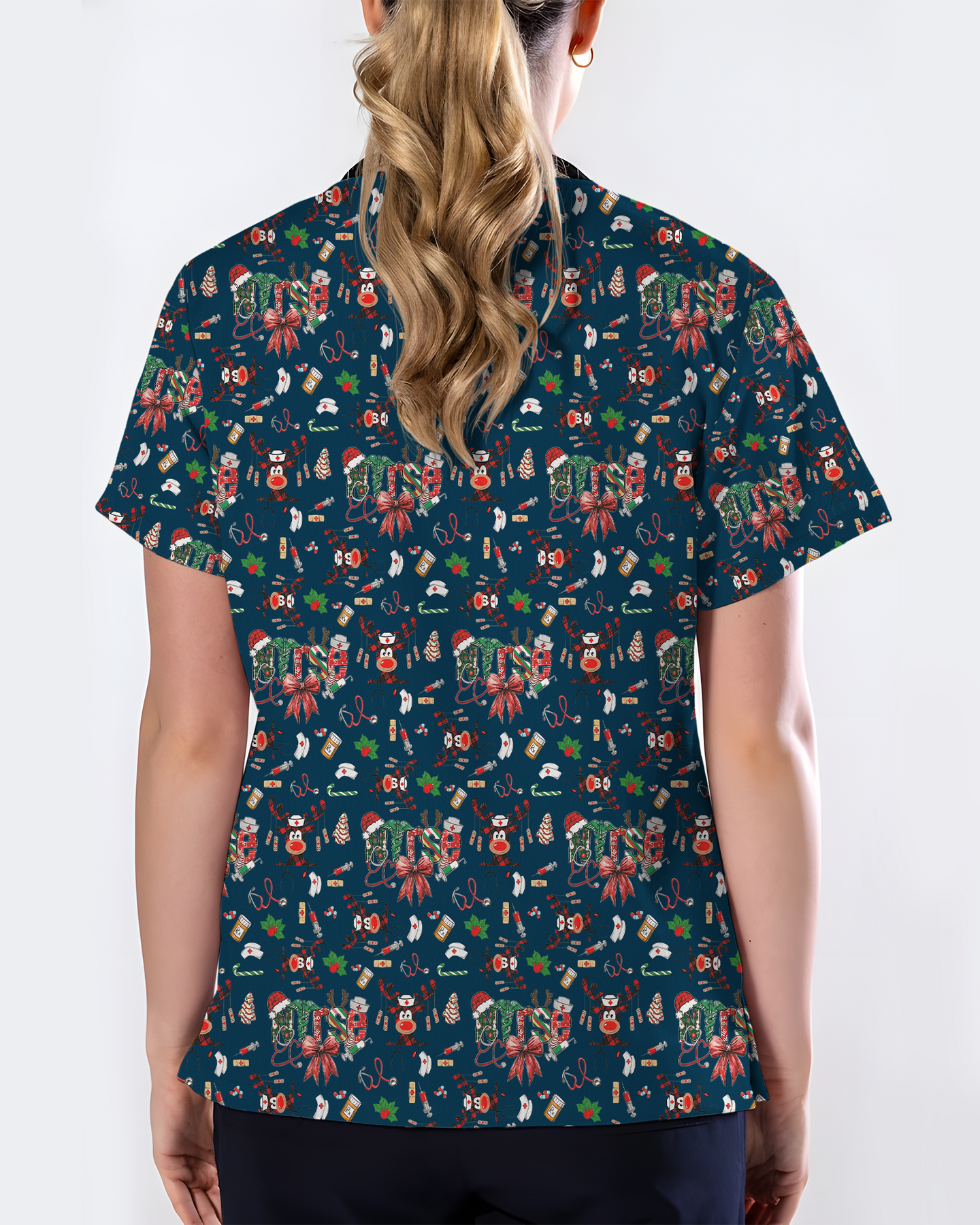 Buffalo Plaid Reindeer Christmas Nurse Scrub Top