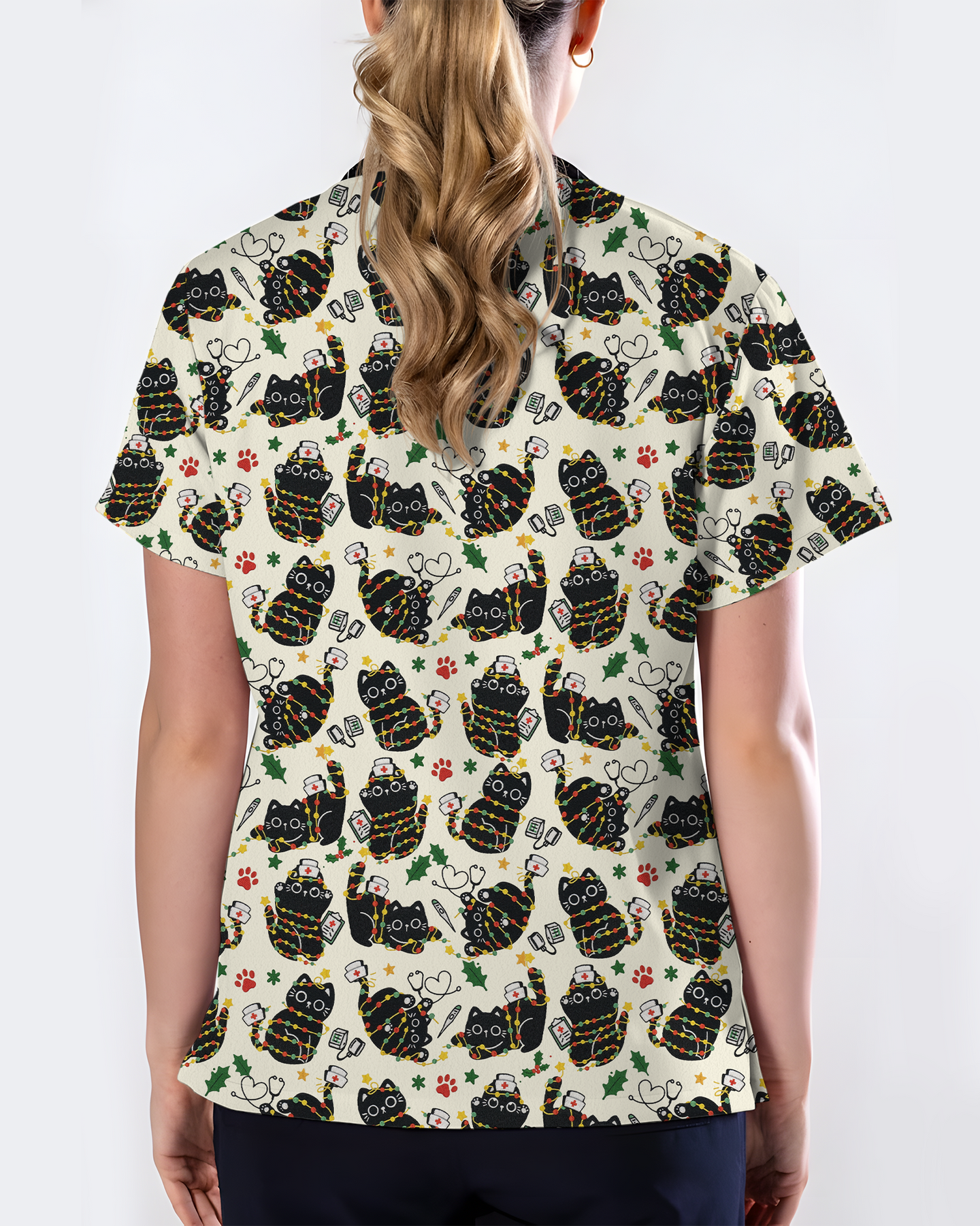 Merry Catmas Christmas Lights Black Cat Scrub Top