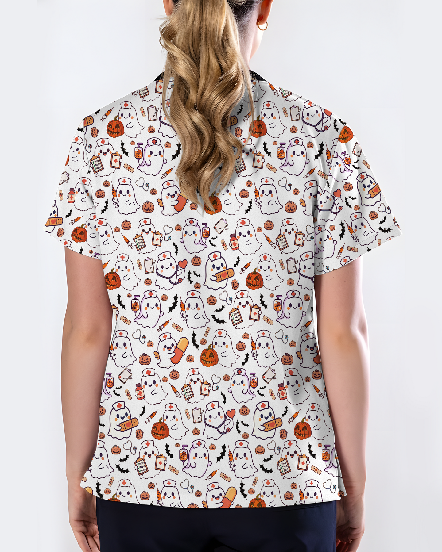 Spooky Cute Ghost Nurse Halloween Scrub Top
