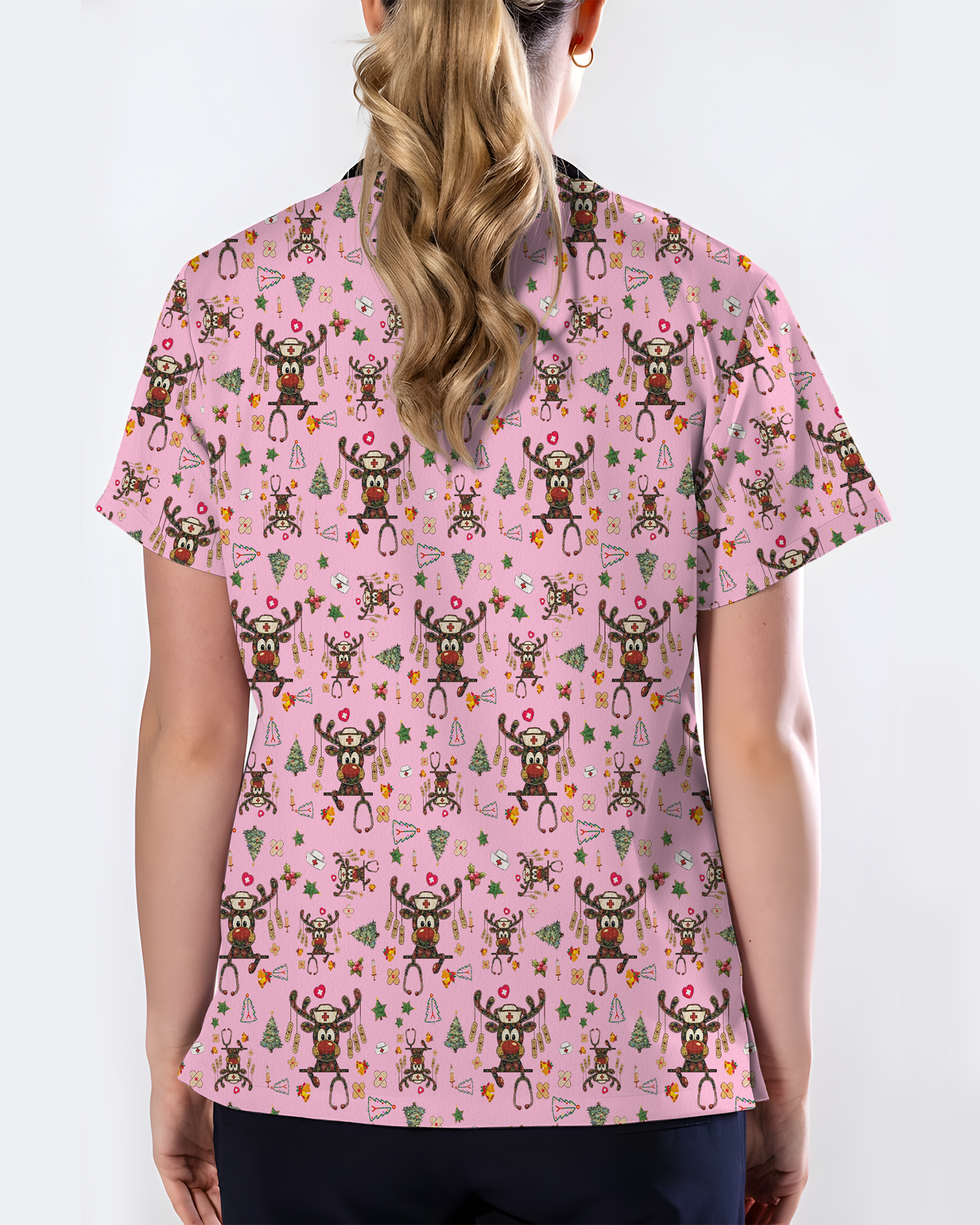 Funny Reindeer Nurse Christmas Scrub Top