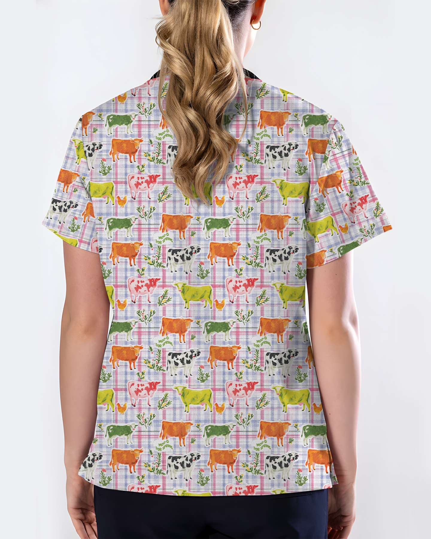 Moo-d For Spring Colorful Cow Nurse Scrub Top