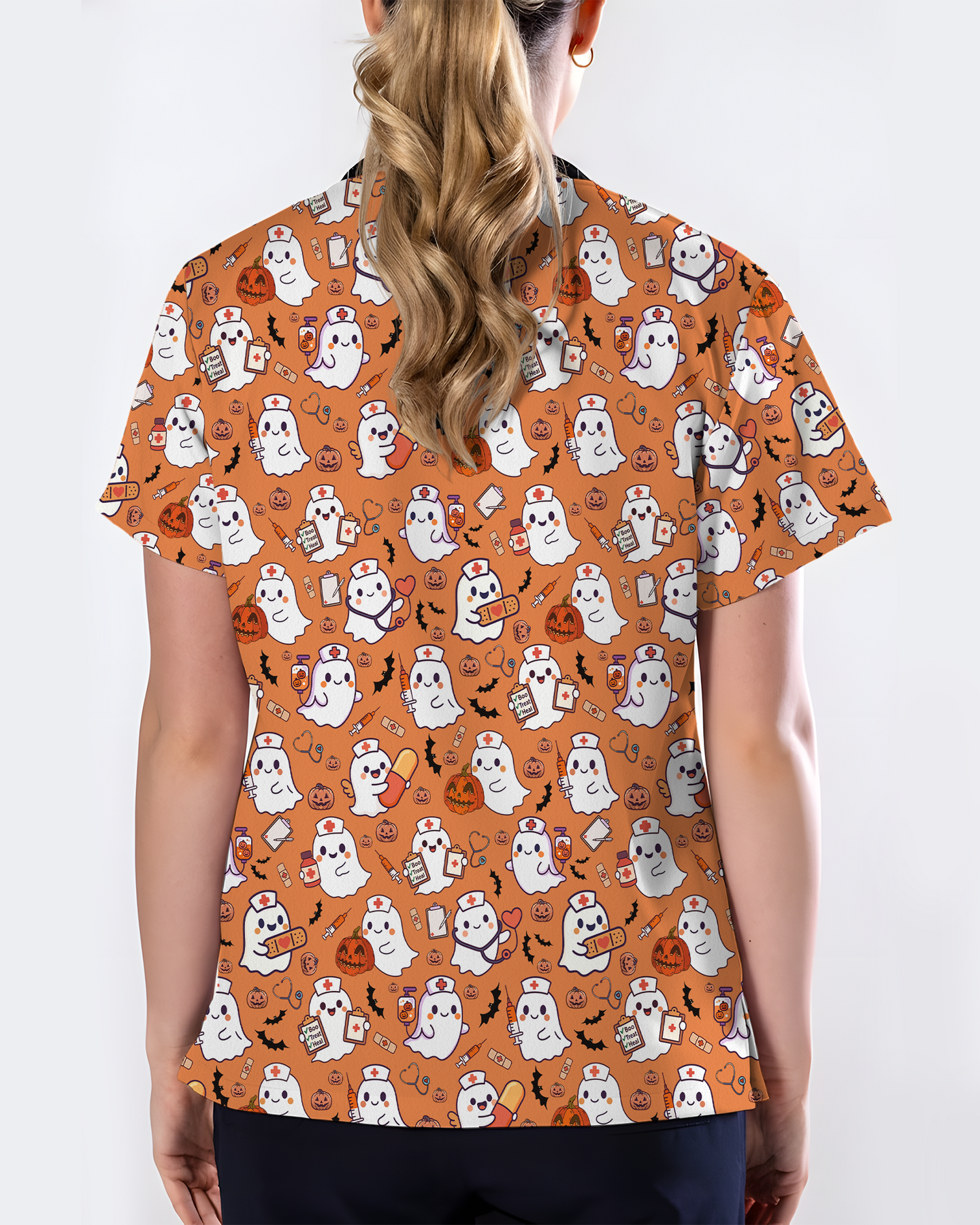 Spooky Cute Ghost Nurse Halloween Scrub Top