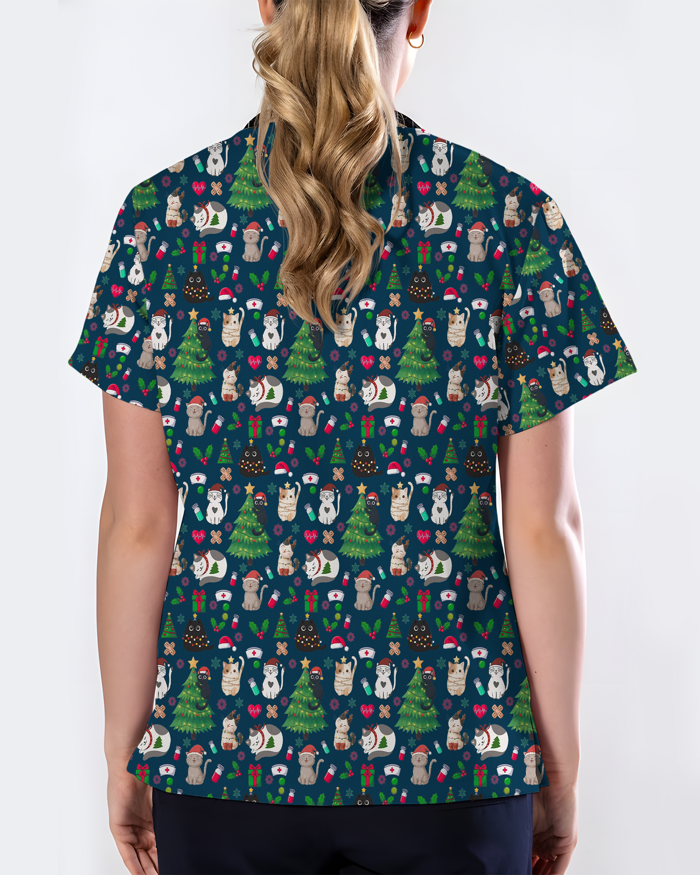Merry Xmas Cat Nurse Festive Scrub Top
