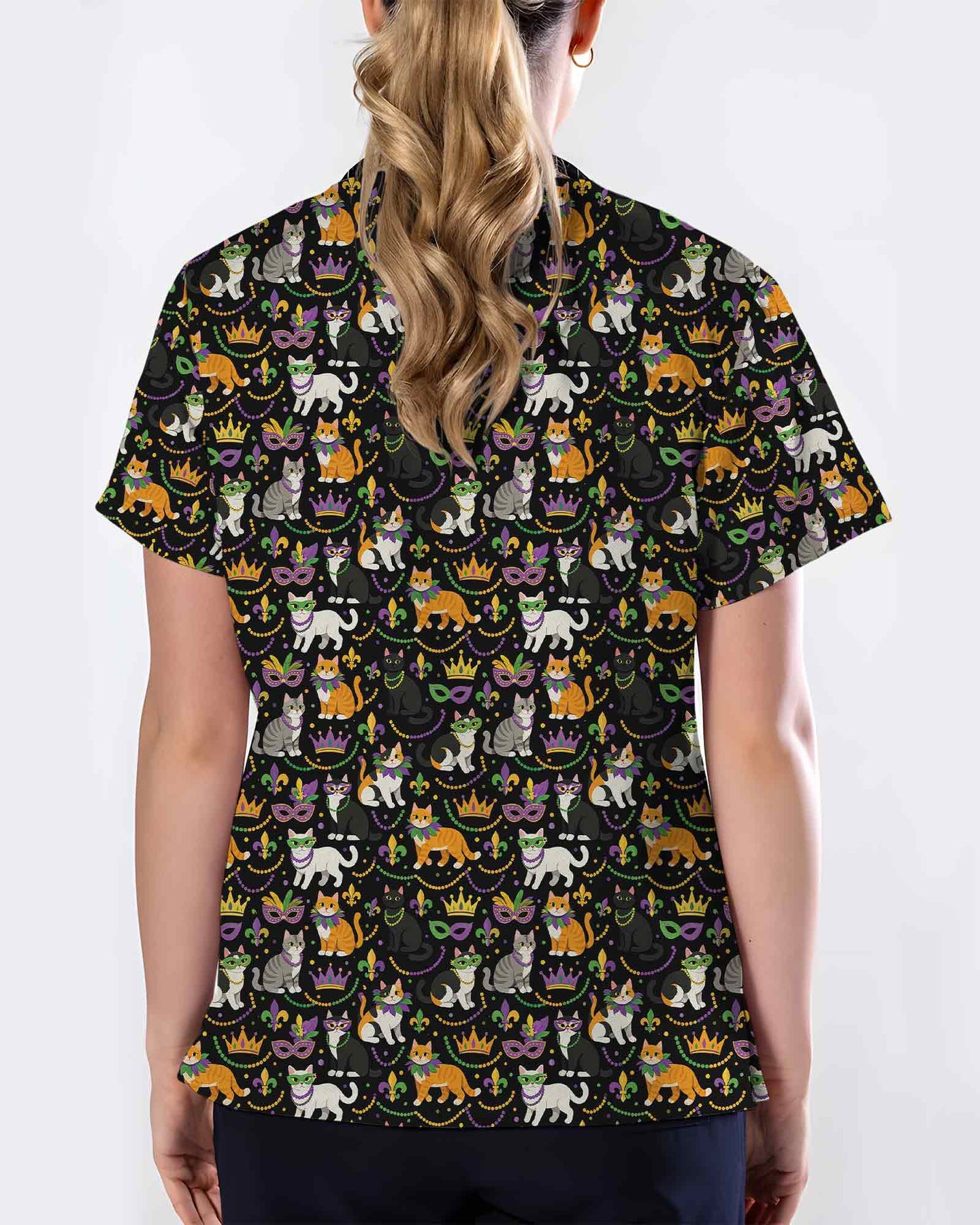 Festive Mardi Gras Cats Medical Scrub Top
