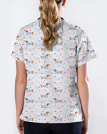 Watercolor Dachshund Blue Stripes Nurse Scrub Top