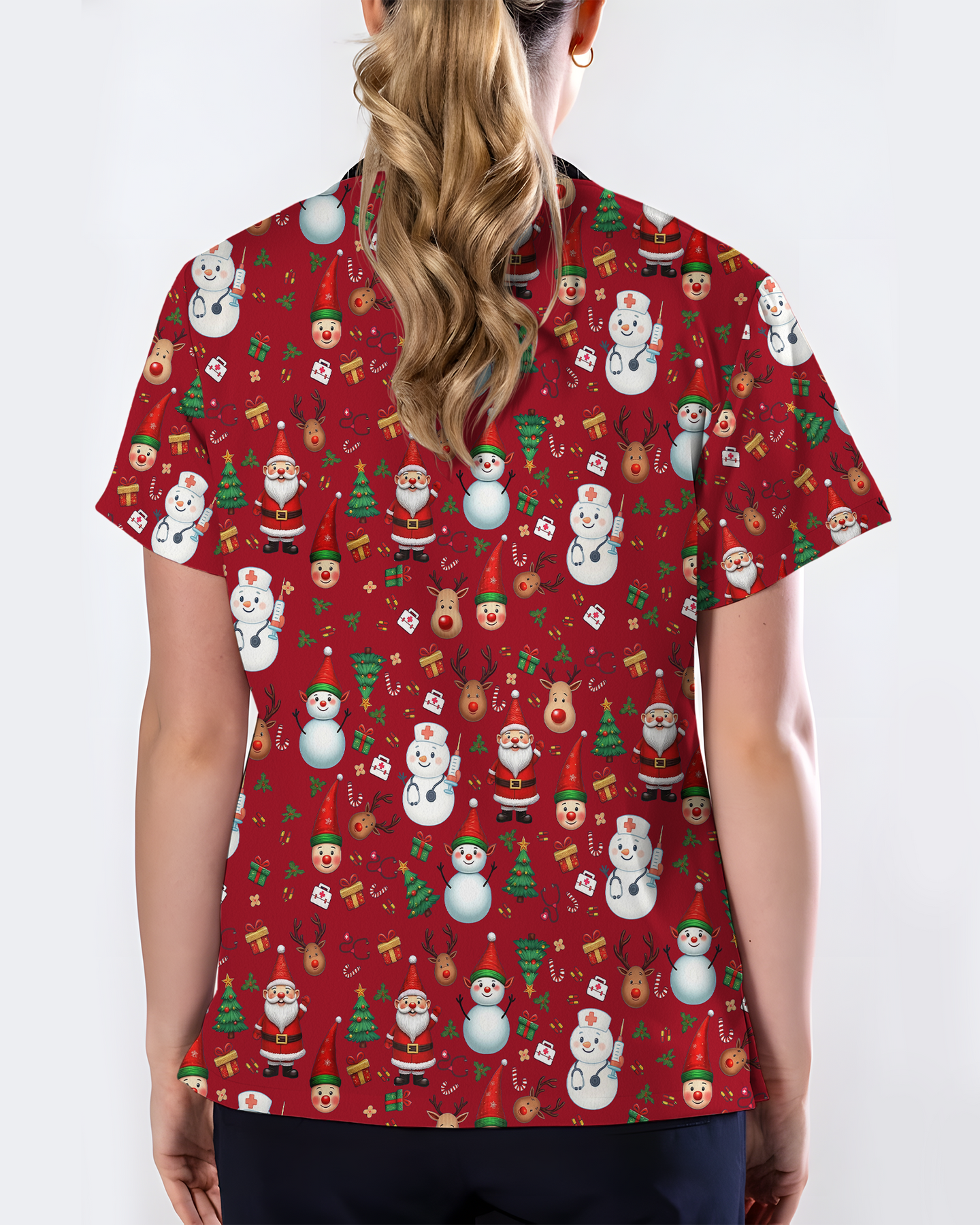 Cute Christmas Rudolph & Santa Medical Scrub Top
