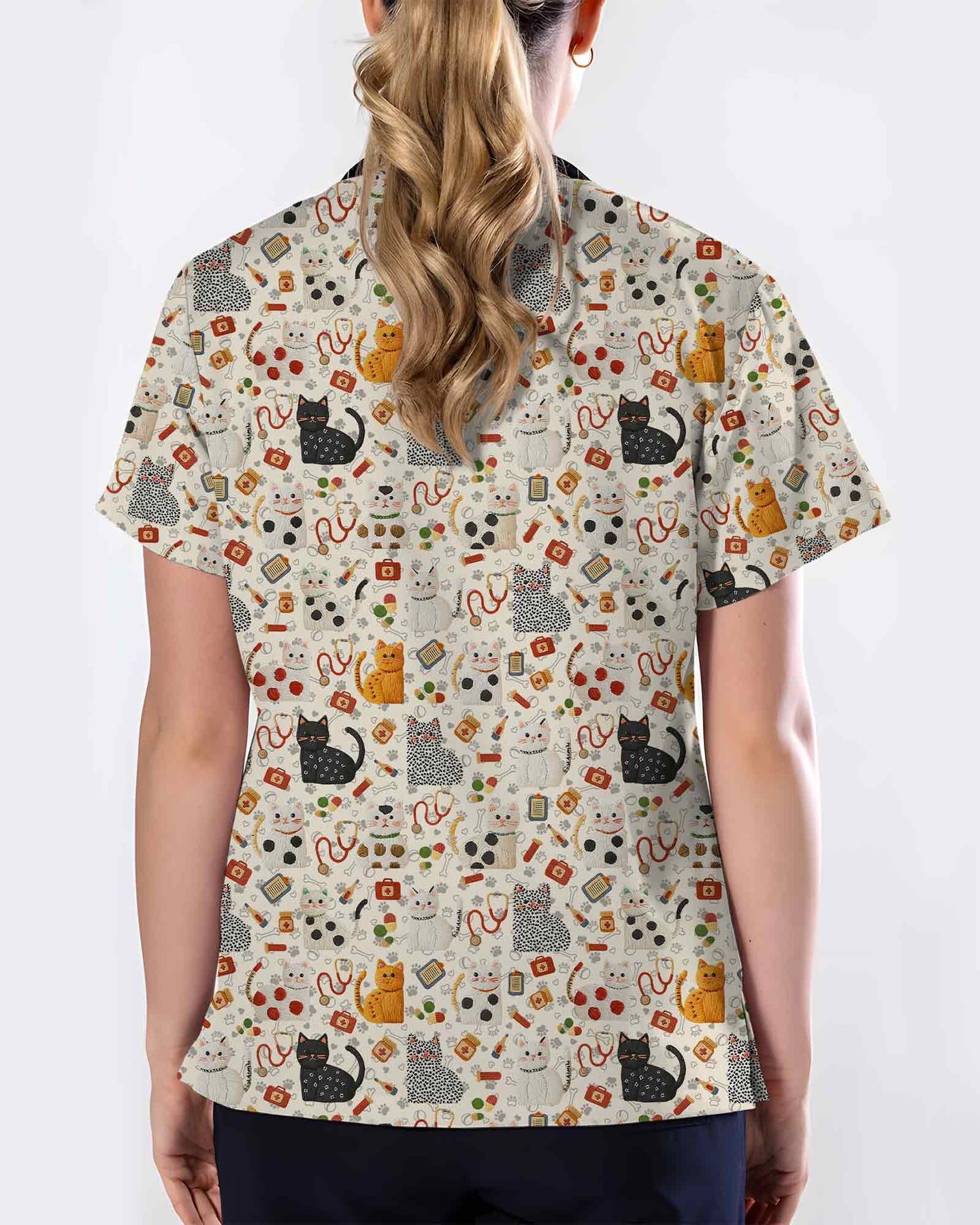 Cute Cartoon Cat Veterinary Medical Scrub Top