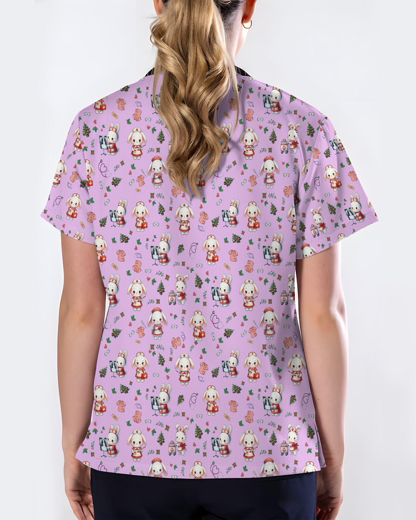 Cute Christmas Bunny Medical Scrub Top