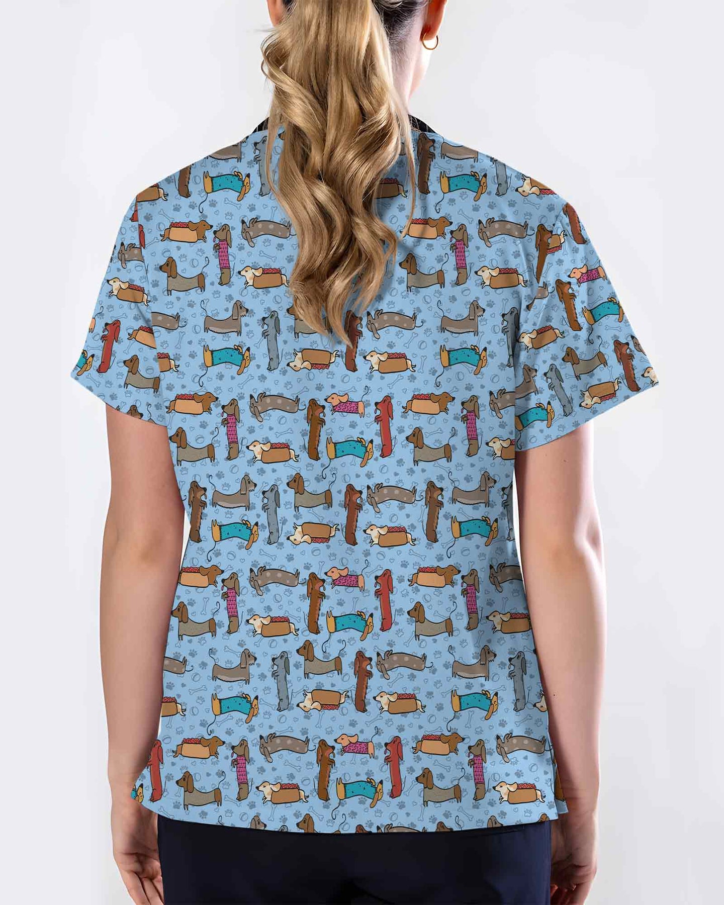 Cartoon Dachshund & Hot Dog Scrub Top