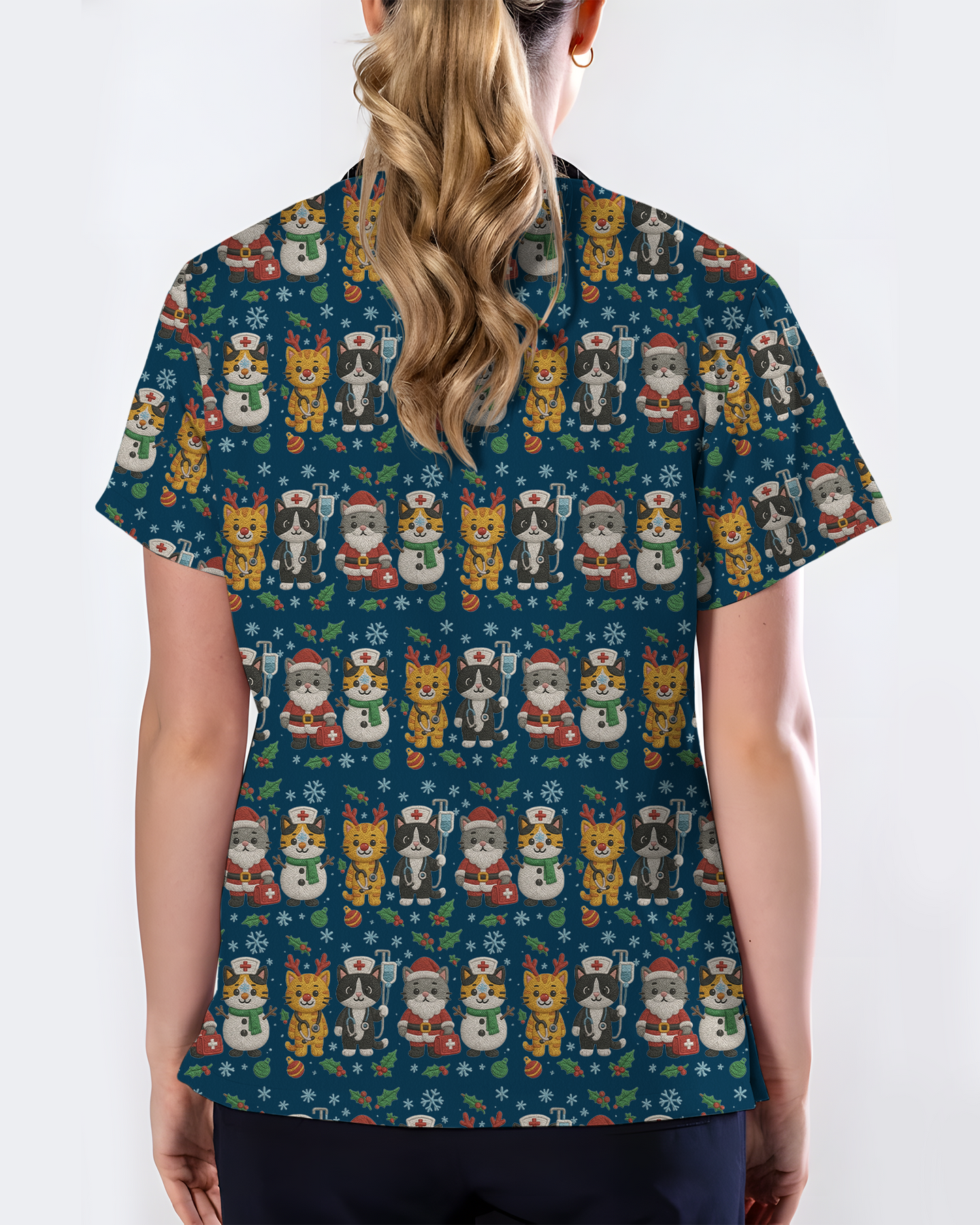 Cute Christmas Cats Embroidery Pattern Nurse Scrub Top