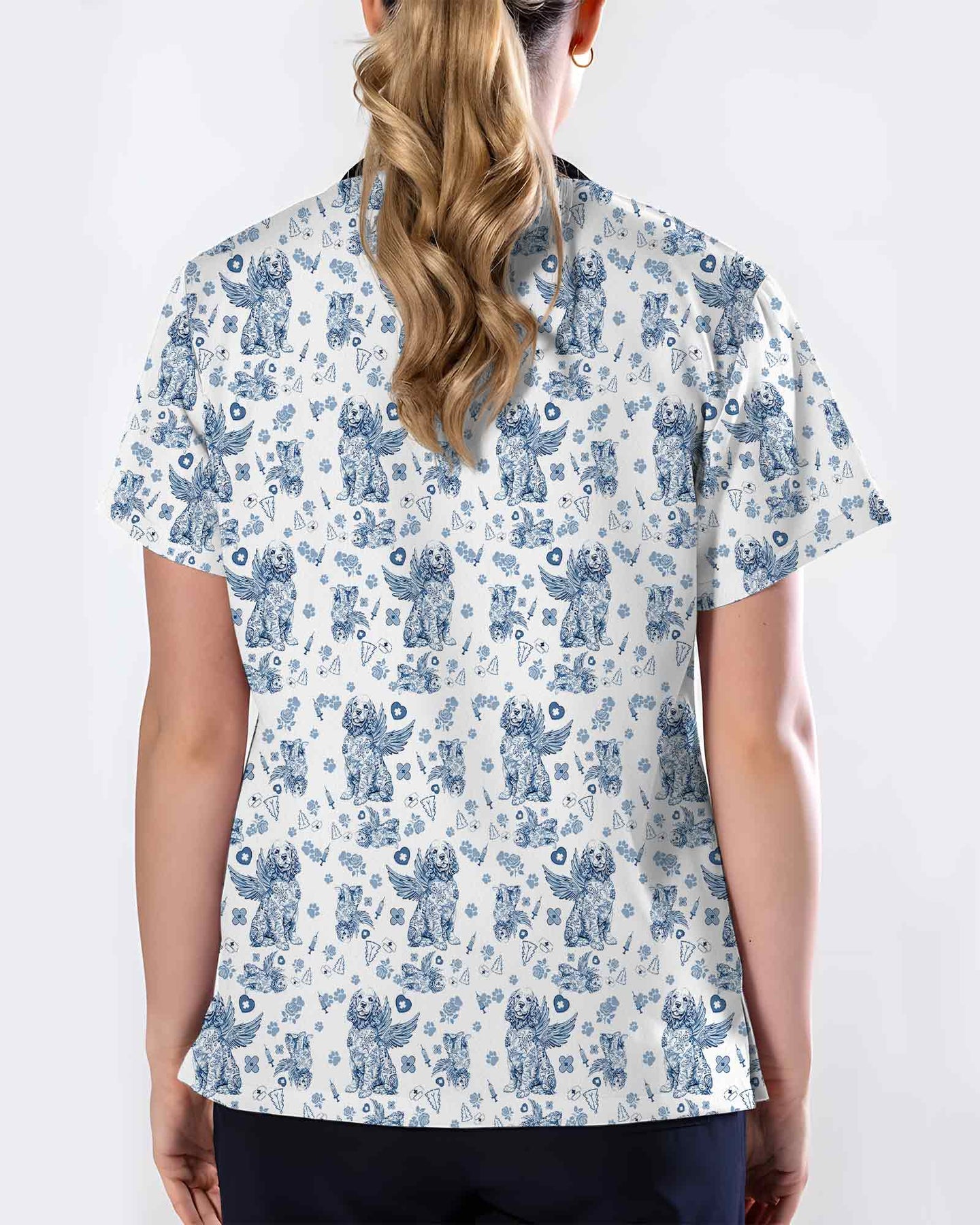 Blue Toile De Jouy Angel Dog Scrub Top