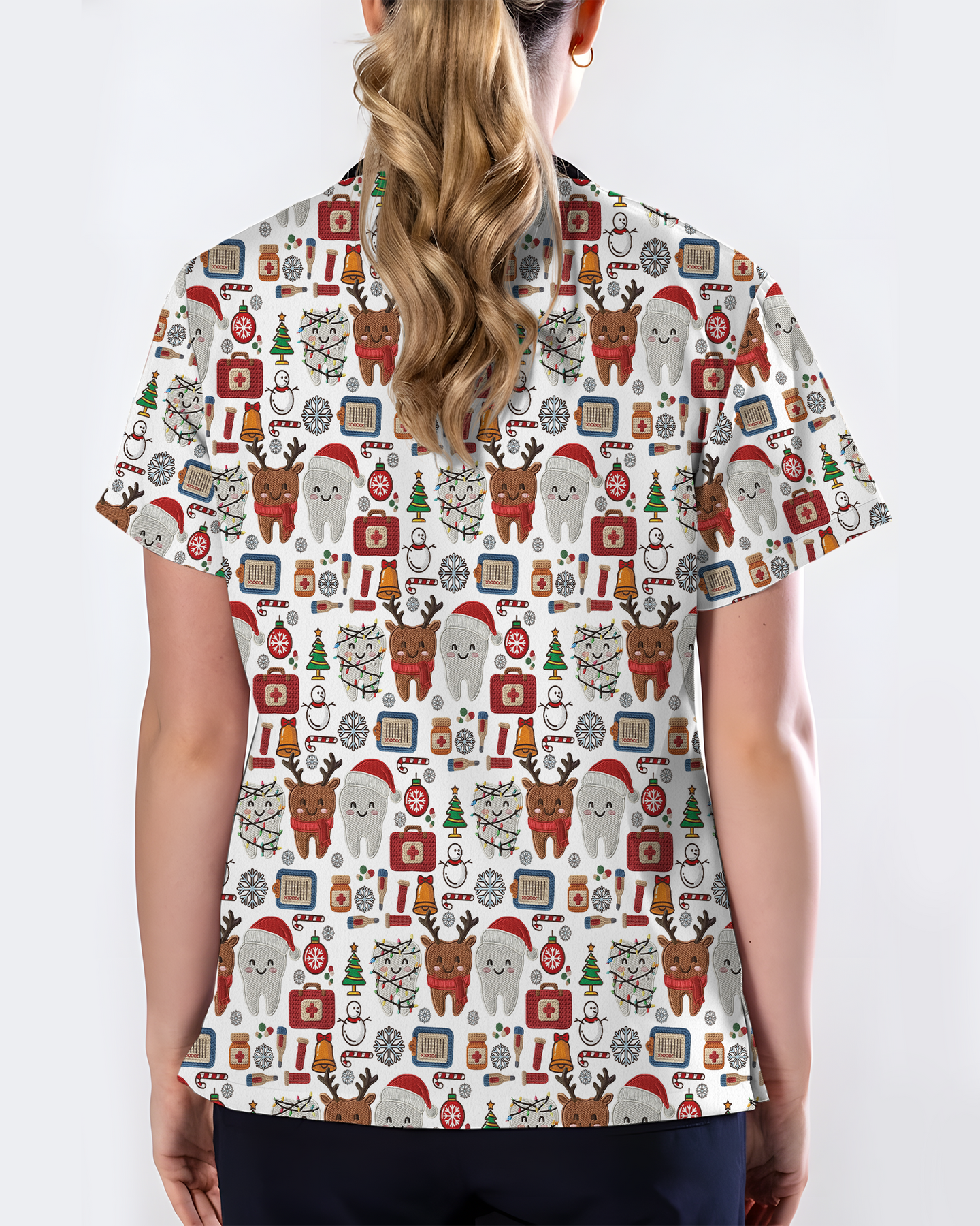 Cute Reindeer and Santa Teeth Holiday Dental Scrub Top