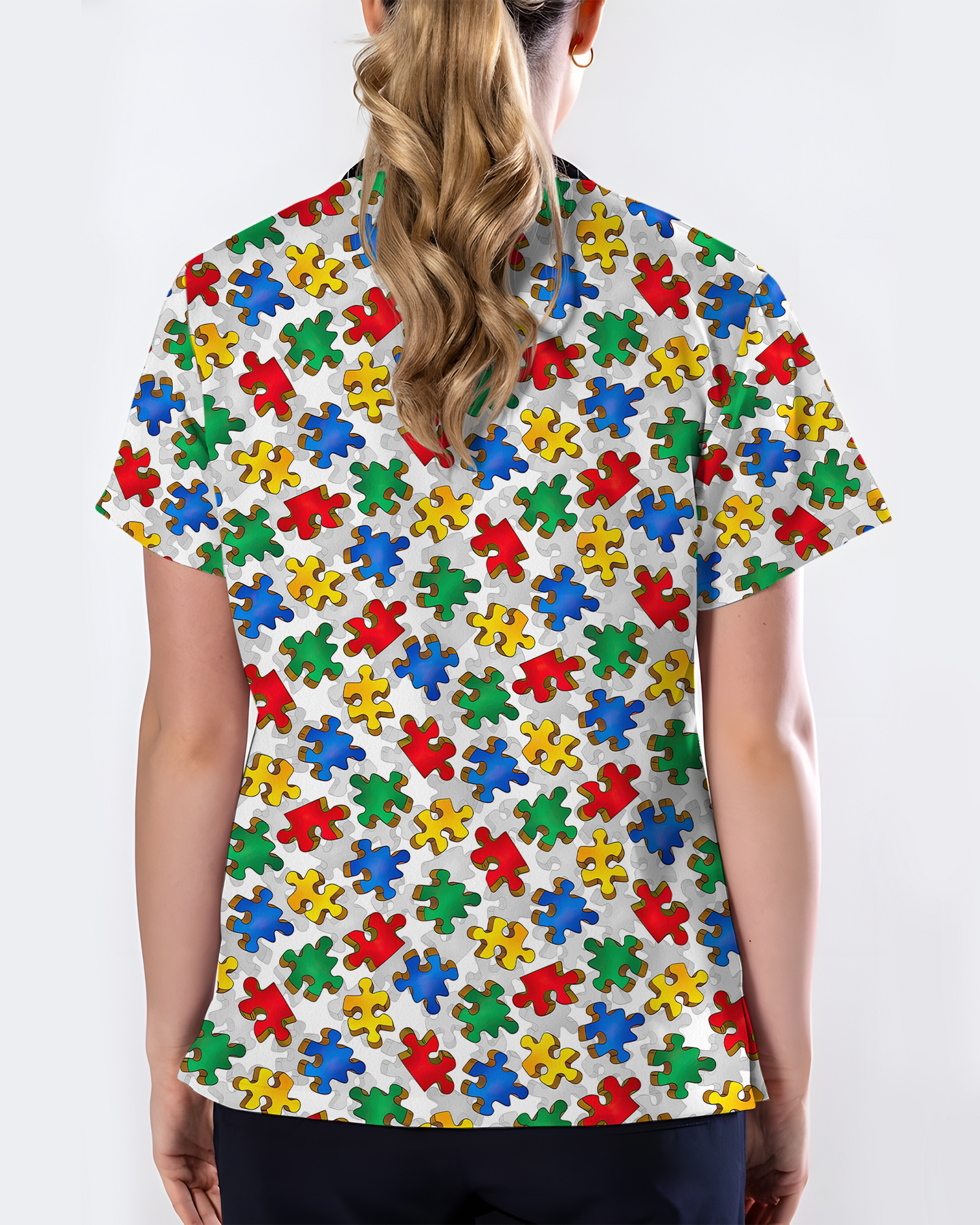 Autism Awareness Colorful Puzzle Piece Nurse Scrub Top