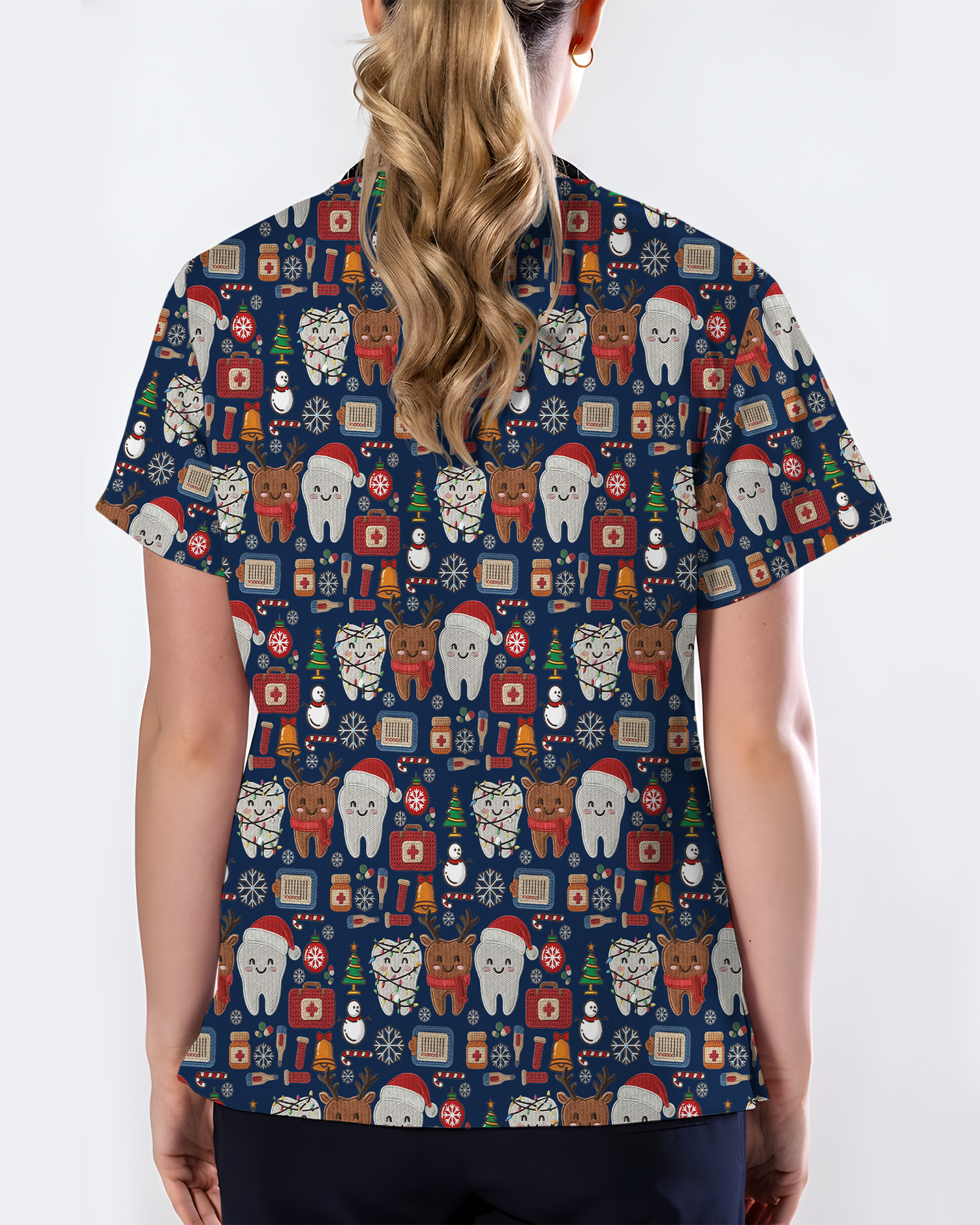 Cute Reindeer and Santa Teeth Holiday Dental Scrub Top