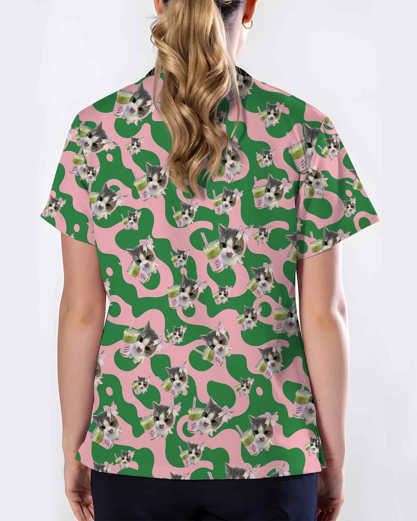 Cute Matcha Green Tea Cat Scrub Top