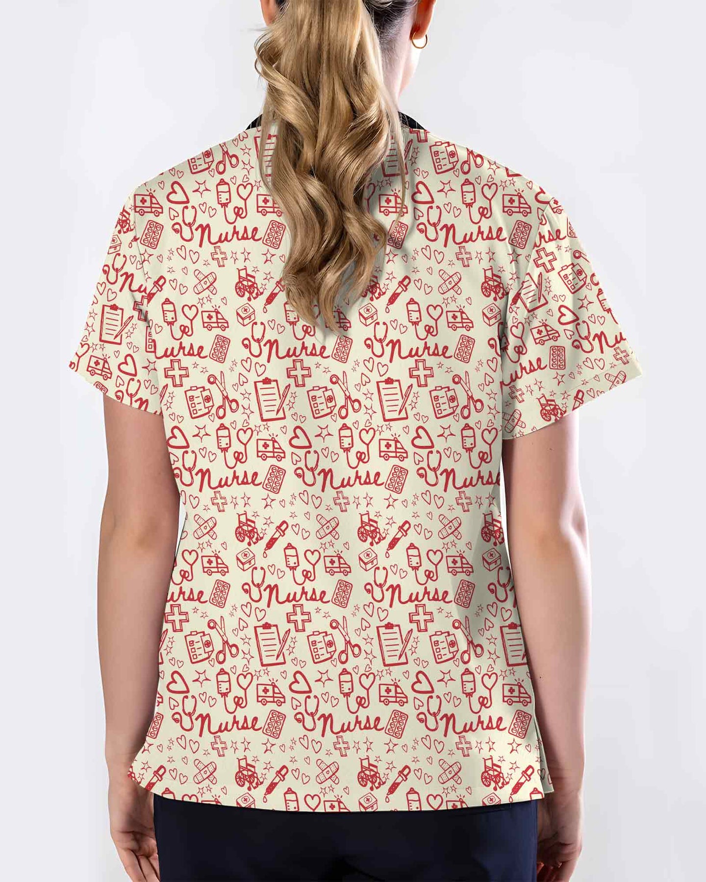 Lovely Red Nurse Doodle Art Scrub Top