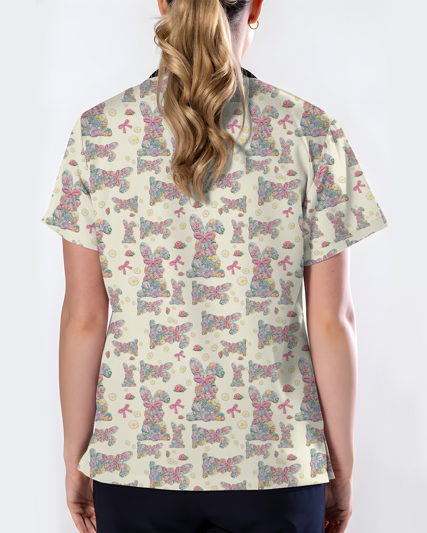 Adorable Flower Field Easter Bunny Medical Scrub Top