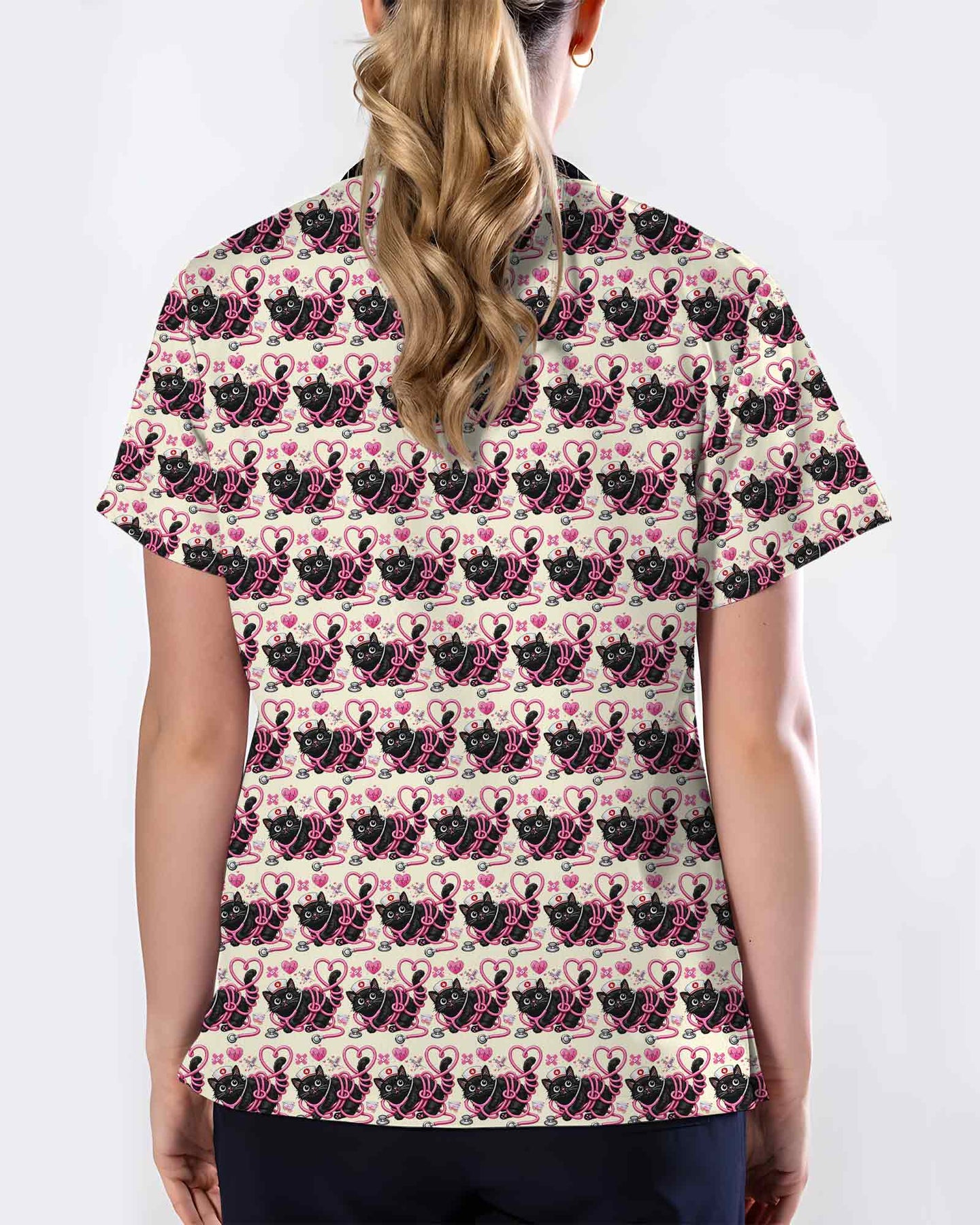 Black Cat Heart Stethoscope Medical Scrub Top