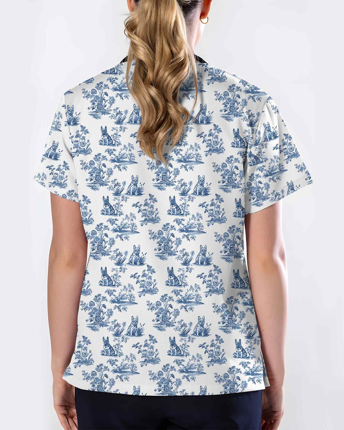 Blue Toile French Bulldog Scrub Top