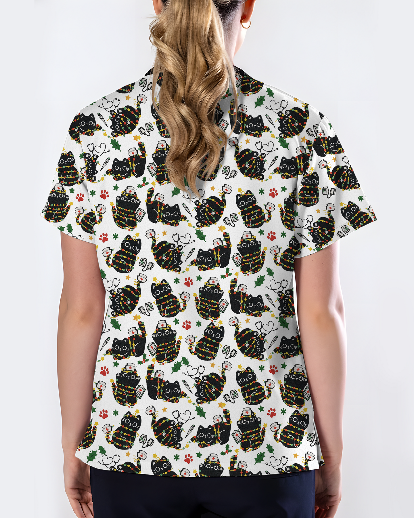 Merry Catmas Christmas Lights Black Cat Scrub Top