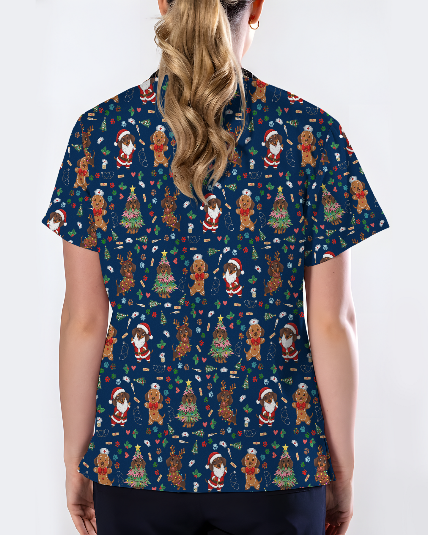 Cute Dachshund Christmas Medical Nurse Scrub Top