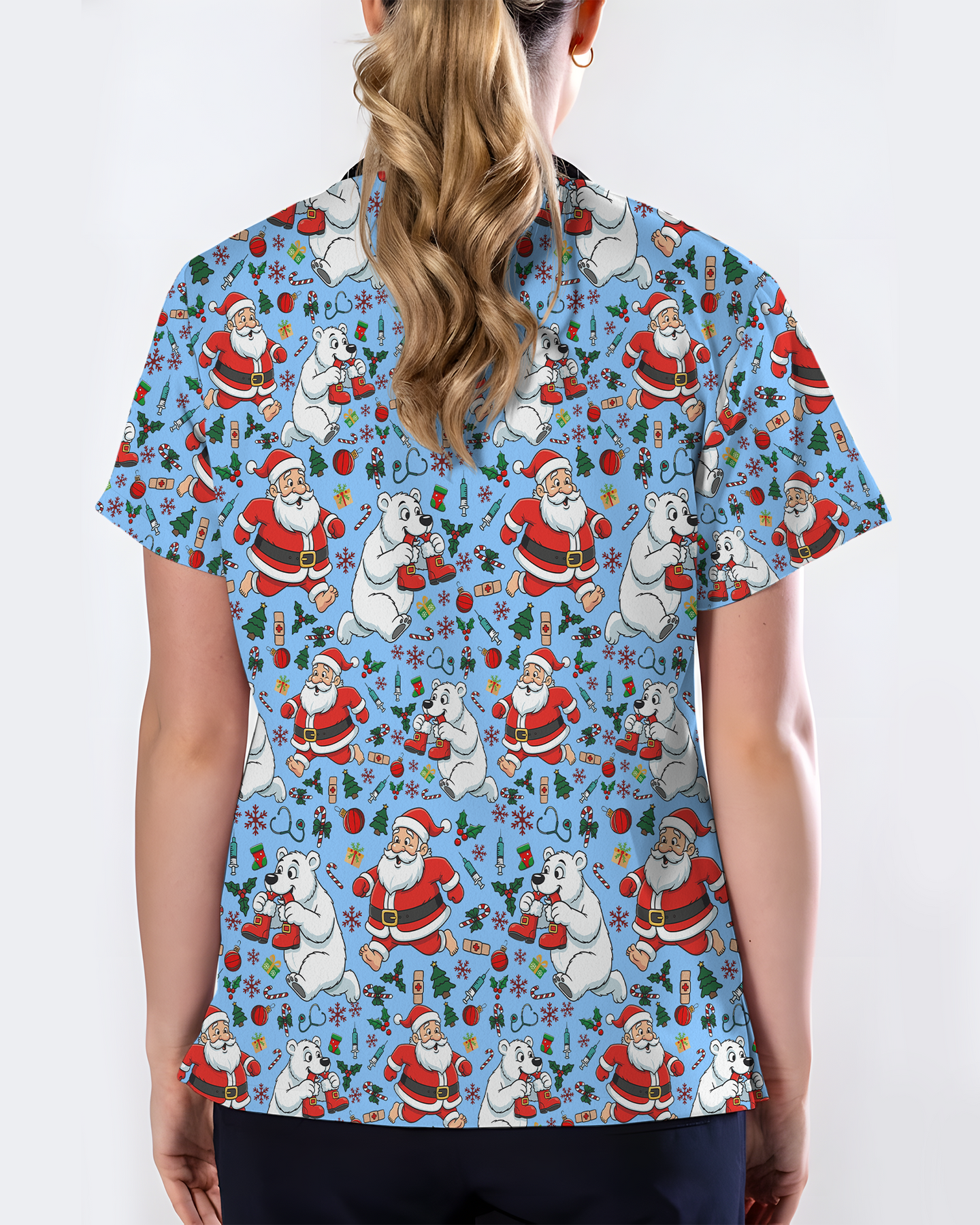 Santa and Polar Bear Christmas Holiday Nursing Scrub Top