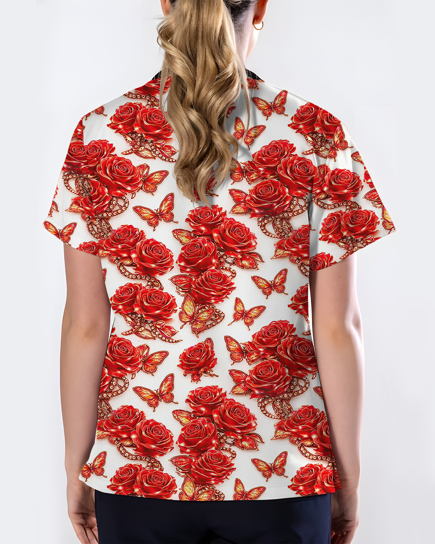 Red Rose Jewelry & Butterfly Nurse Scrub Top