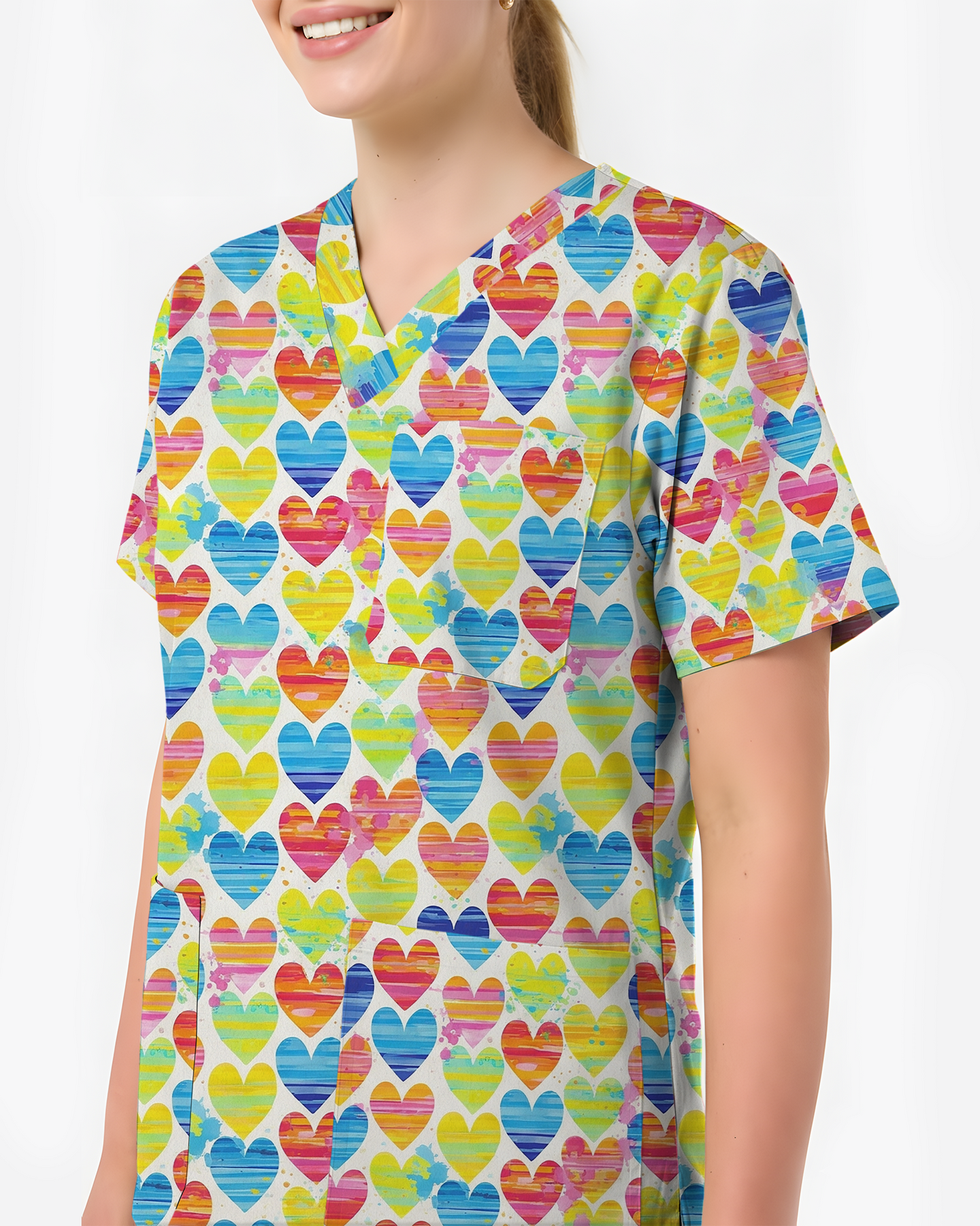 Vibrant Watercolor Hearts Cute Nurse Scrub Top