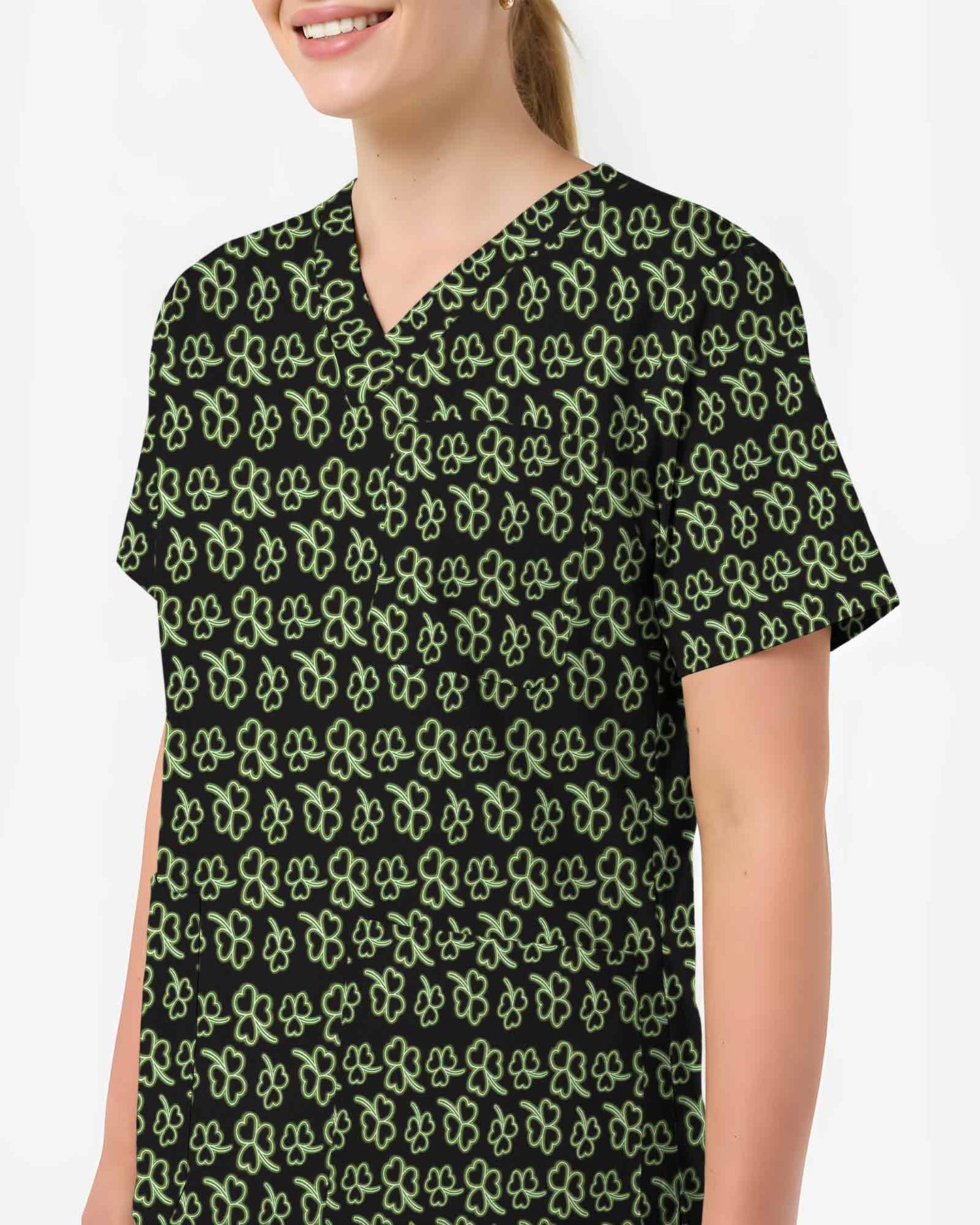 Black Neon Green Clover Medical Scrub Top