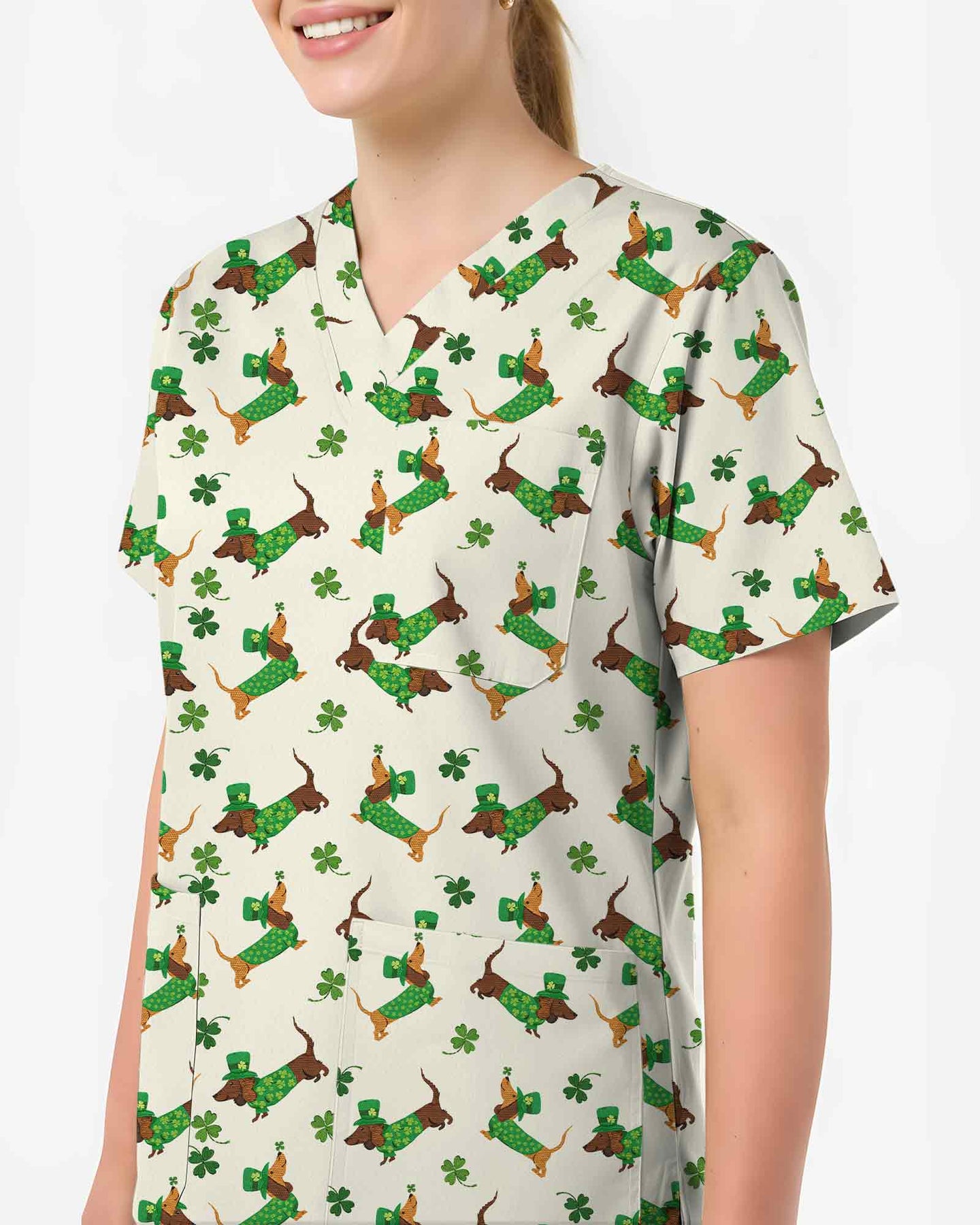 St. Patrick's Day Dachshund Dog Medical Scrub Top