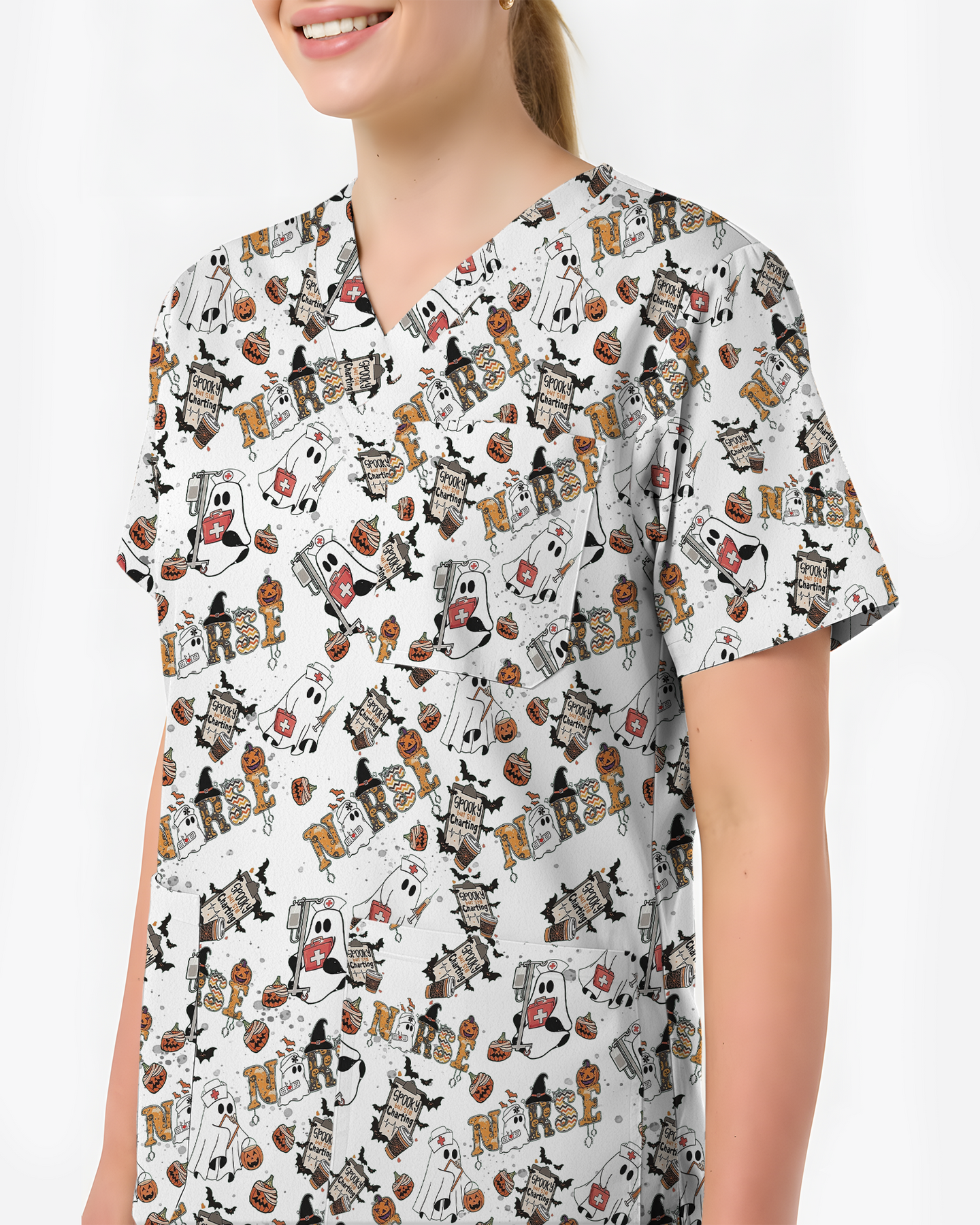 Funny Cute Halloween Ghost Medical Scrub Top