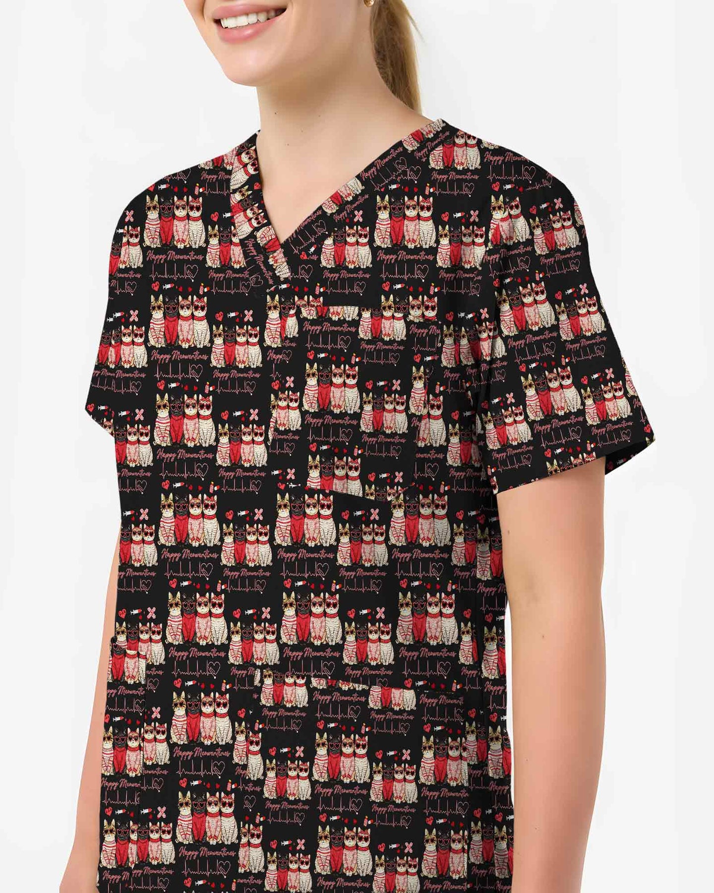 Cute Valentine Cat Heartbeat Scrub Top