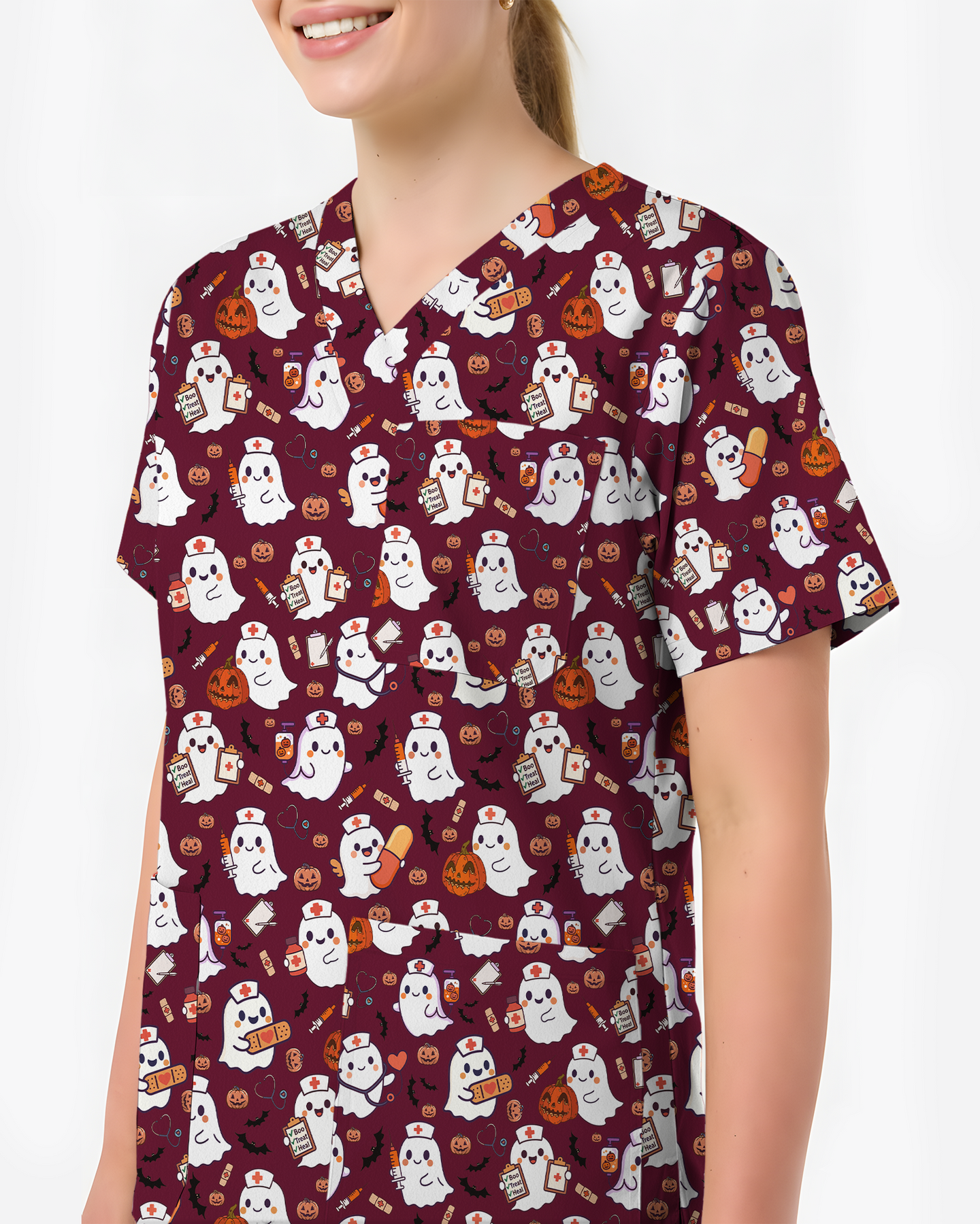 Spooky Cute Ghost Nurse Halloween Scrub Top