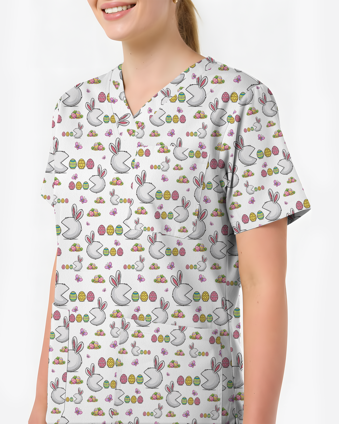 Funny Easter Bunny Pacman Style Cute Nurse Scrub Top