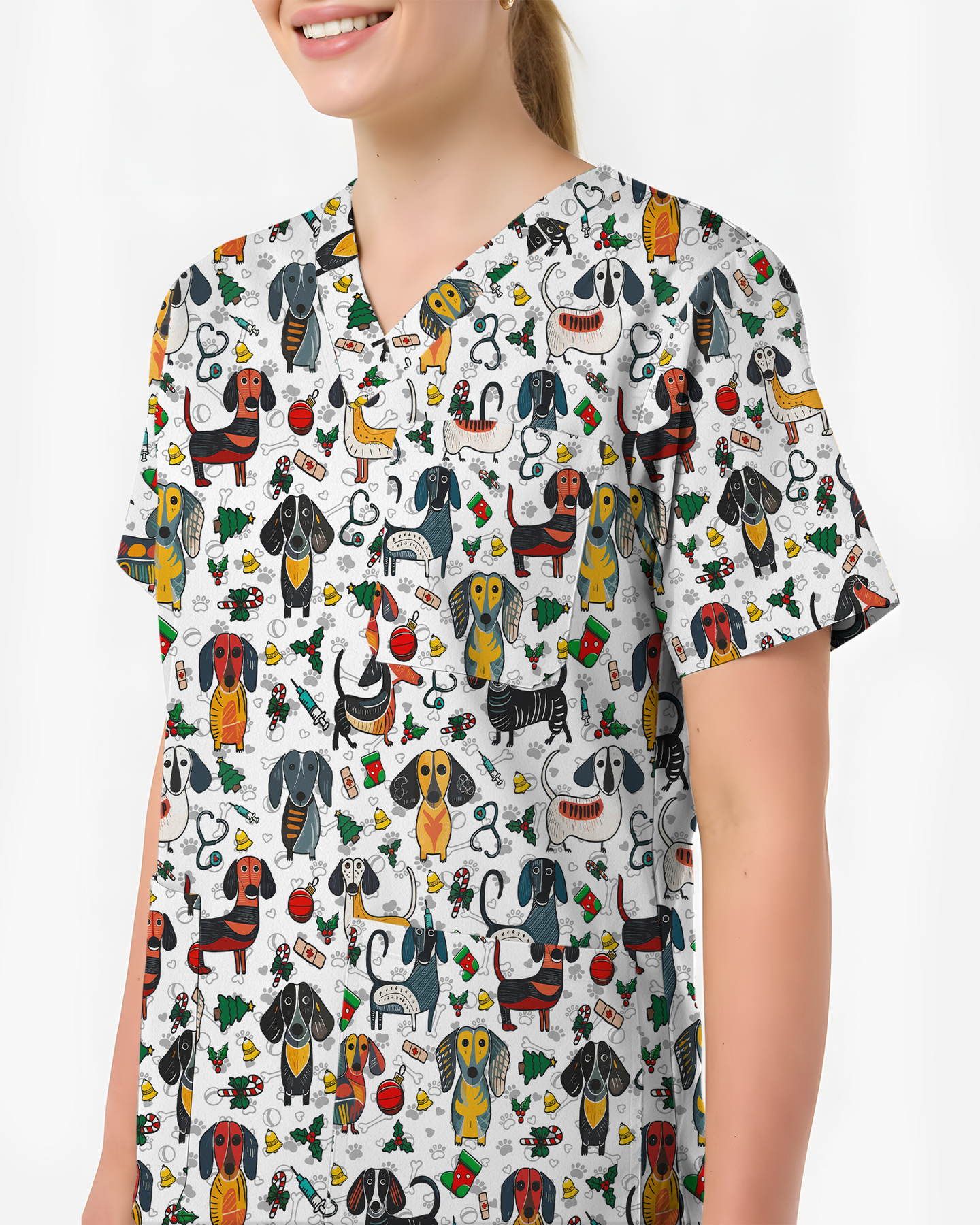 Dachshund Christmas Holiday Nursing Scrub Top