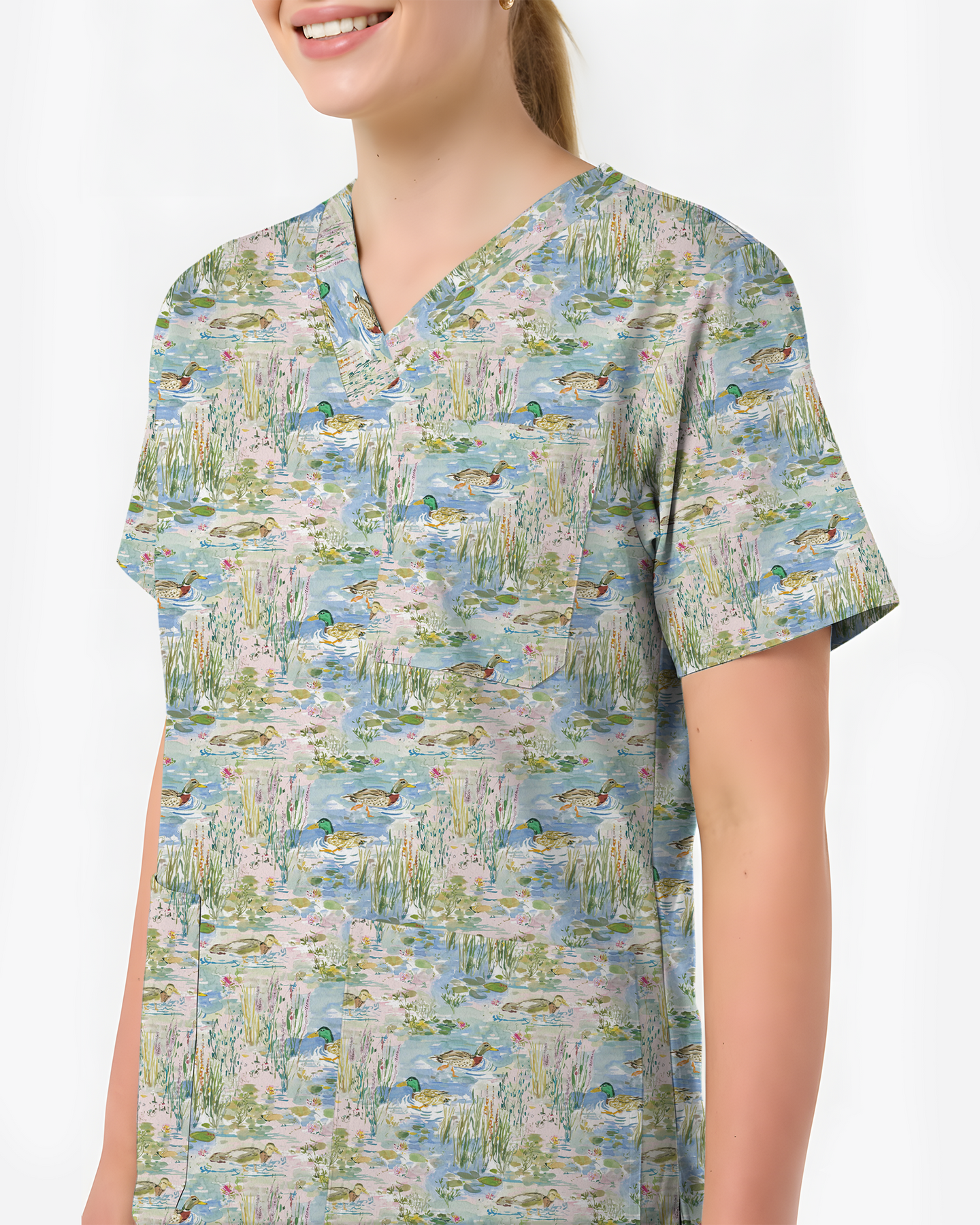 Watercolor Mallard Duck Pond Nurse Scrub Top