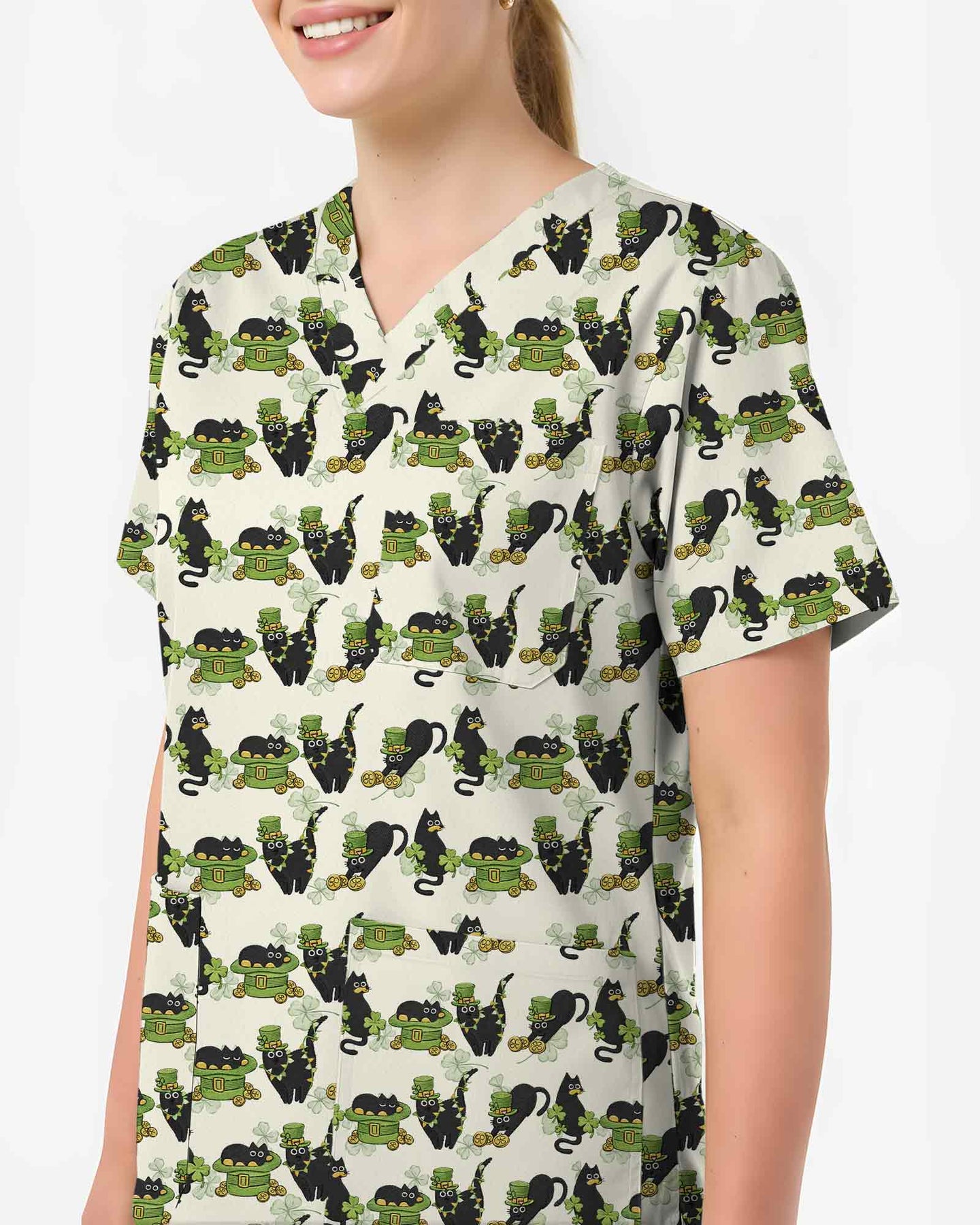 Black Cat Leprechaun Hat Medical Scrub Top