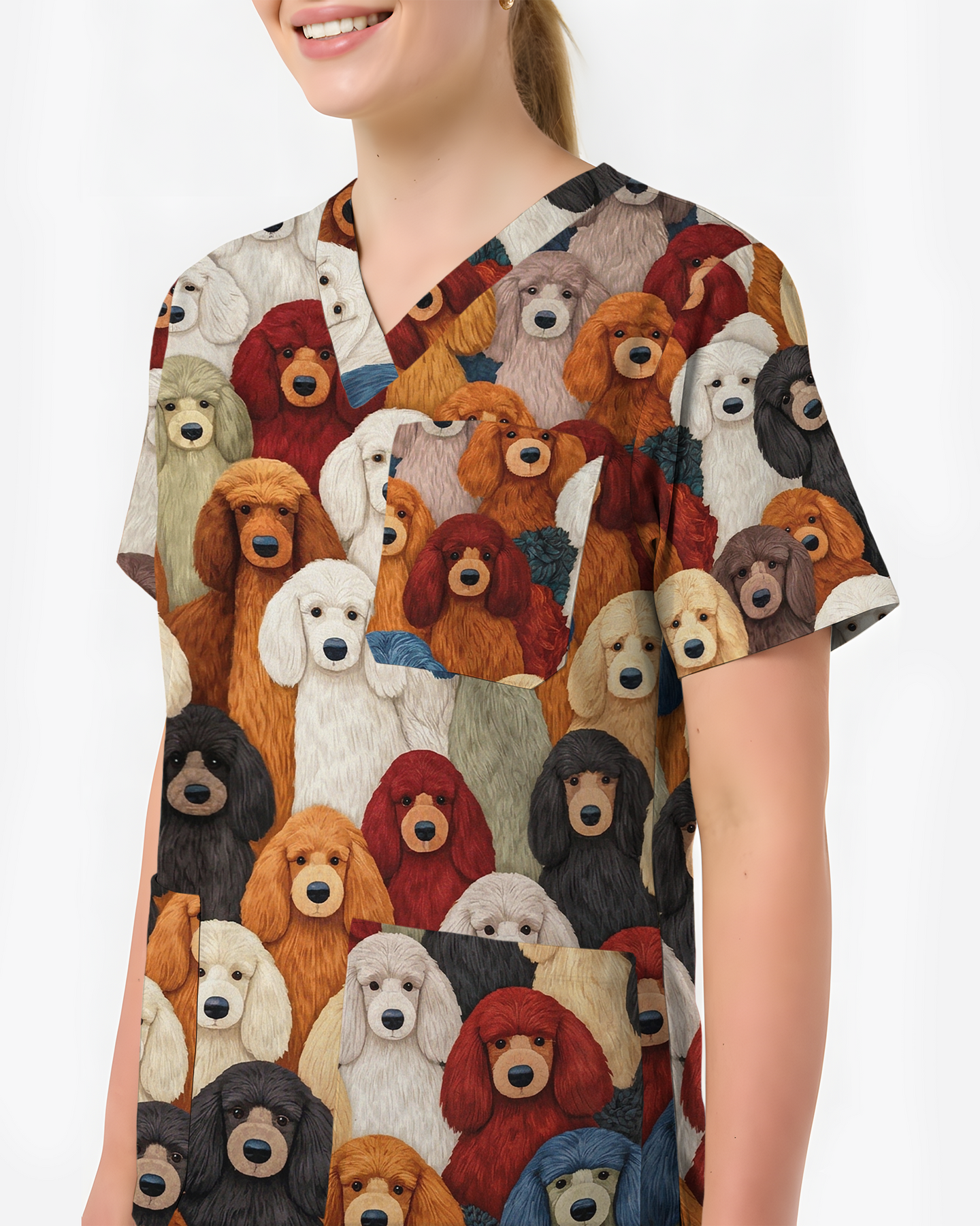 Adorable Colorful Poodles All Over Medical Scrub Top