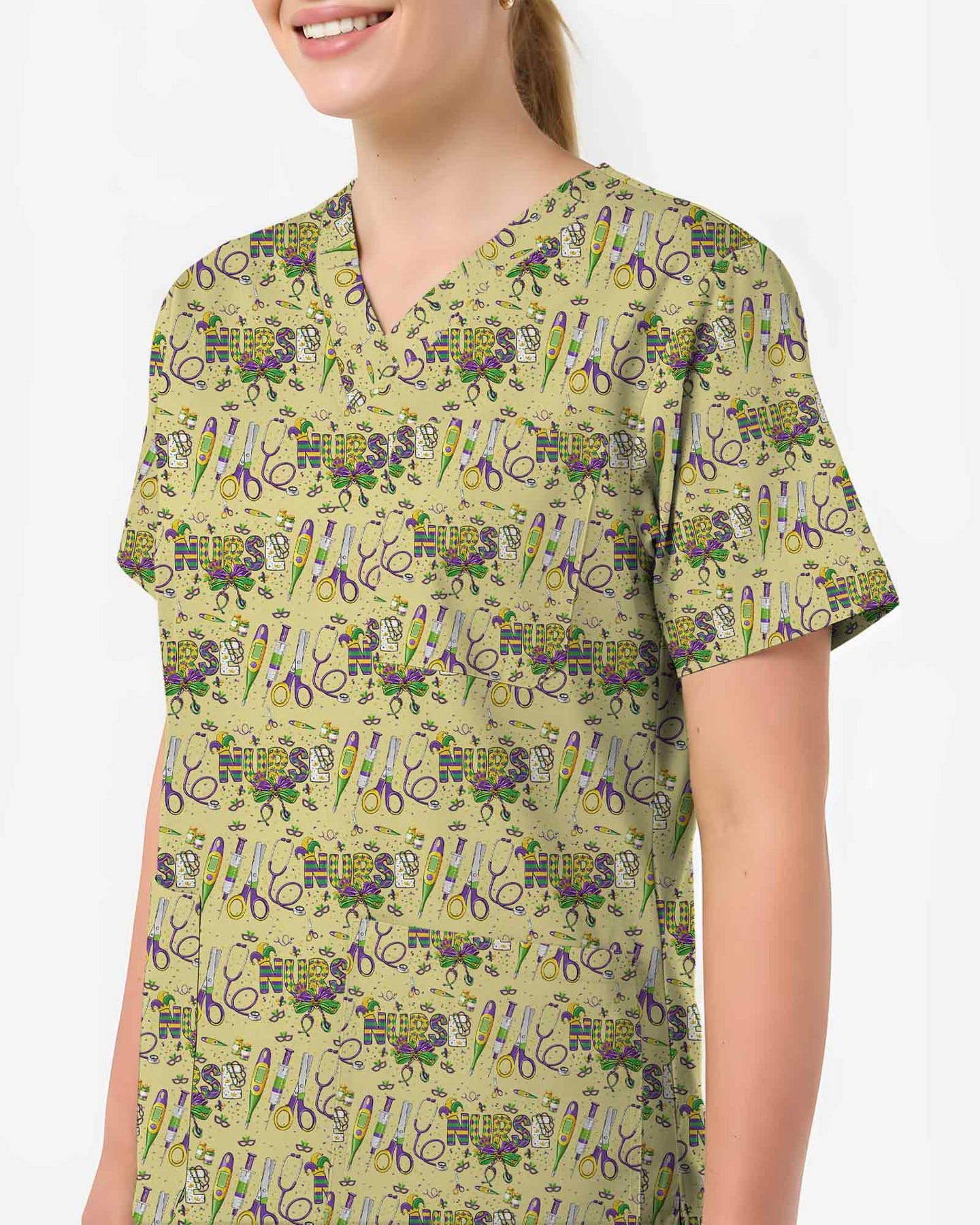 Festive Mardi Gras Typography Nurse Scrub Top