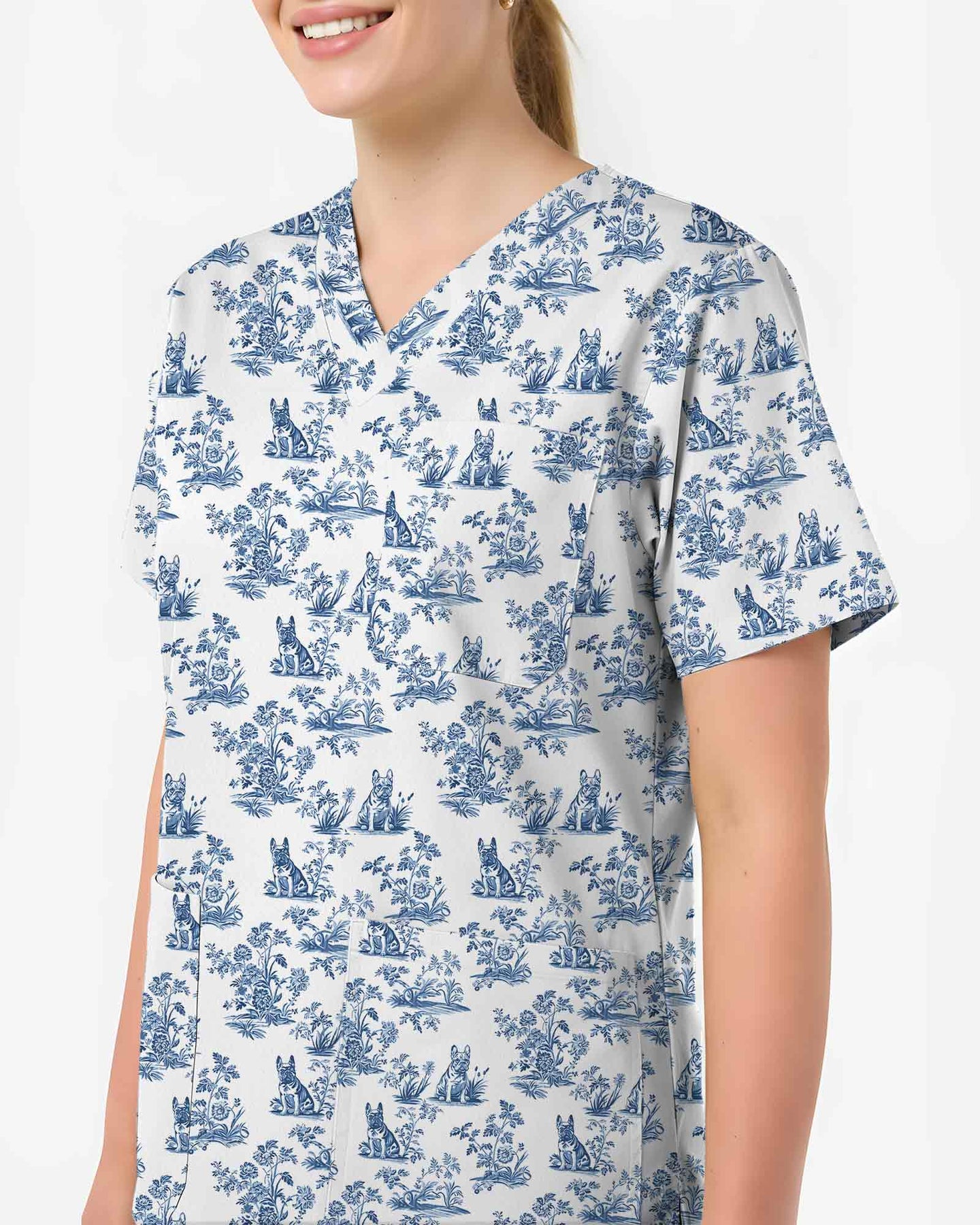 Blue Toile French Bulldog Scrub Top
