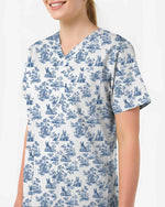Blue Toile French Bulldog Scrub Top