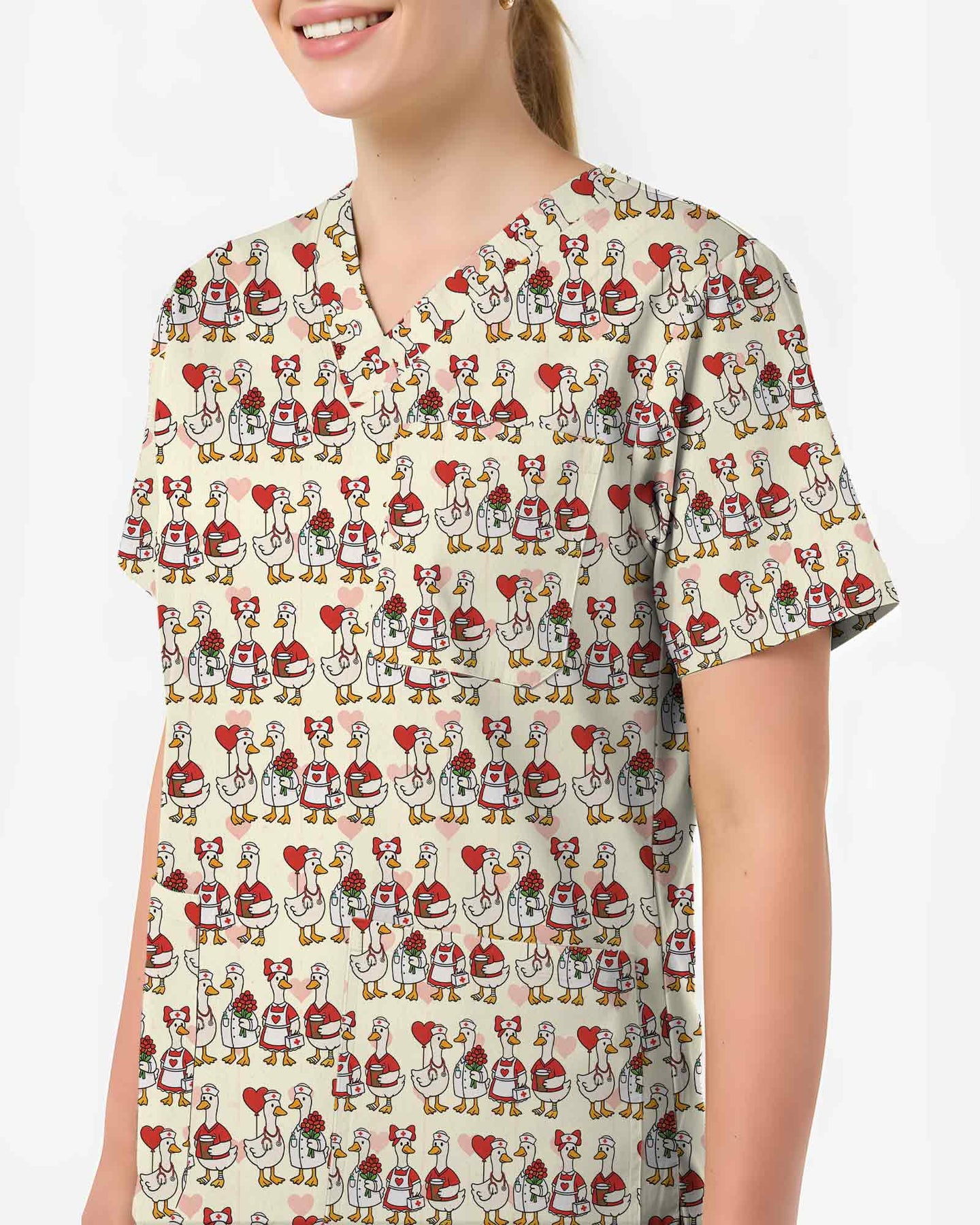 Cute Duck Nurse Valentine Heart Scrub Top
