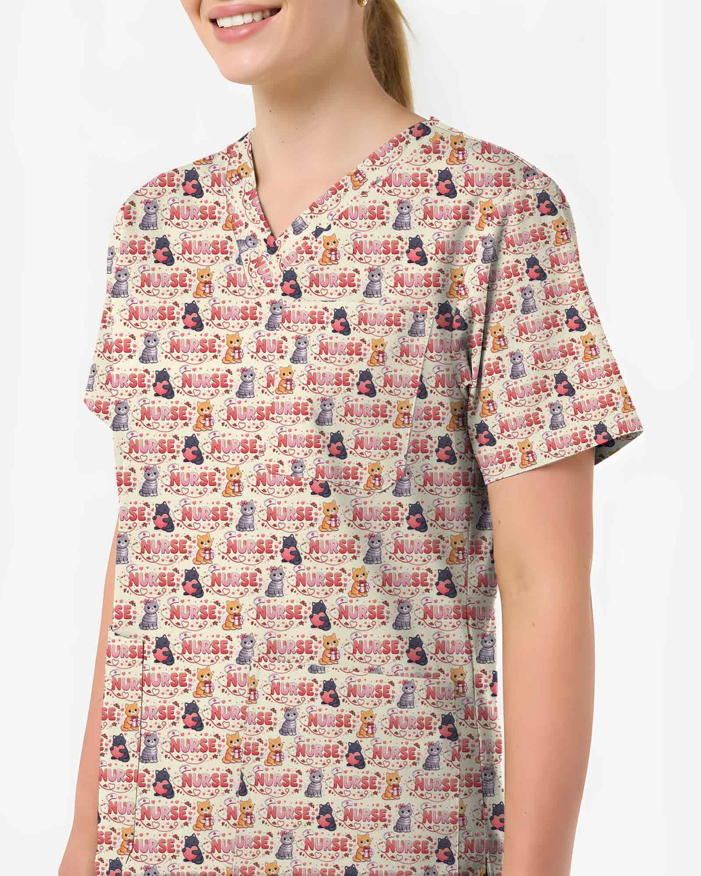 Cute Cat Nurse Heart Medical Scrub Top